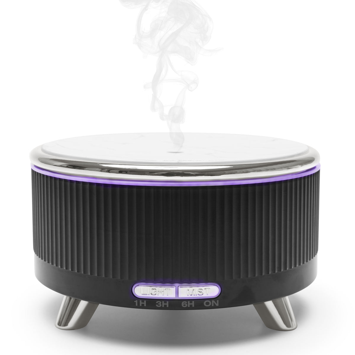 The Rio SONAS Aroma Diffuser, Humidifier & Night-Light features a black and silver design with ribbed sides, three angled legs, mood lighting, steam output, and illuminated LIGHT and MIST control buttons on the front.