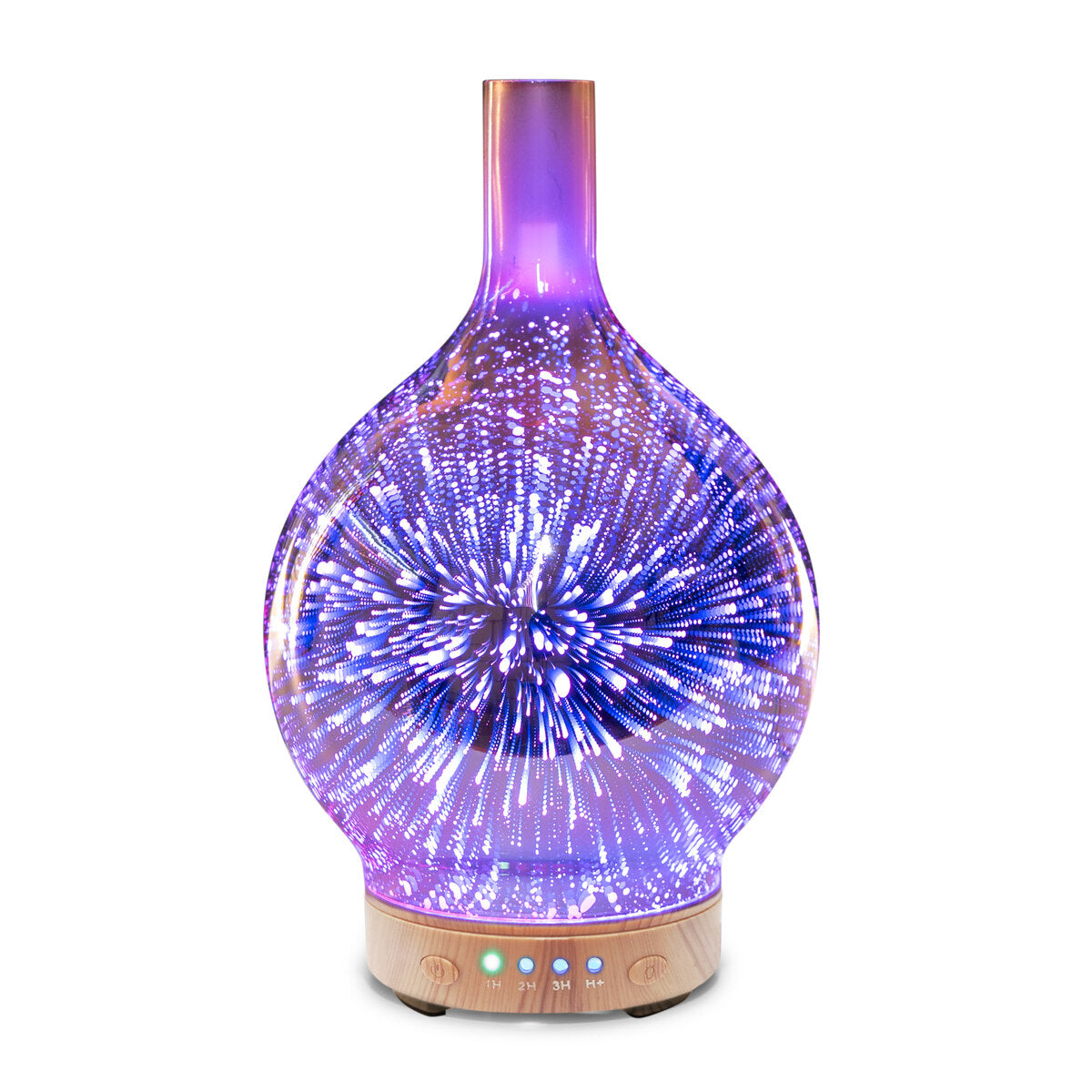 The Rio ELLA Aroma Diffuser, Humidifier, and Night-Light features a glass top with a wooden base, buttons with glowing indicators, and projects blue and purple starburst lights for a soothing atmosphere.