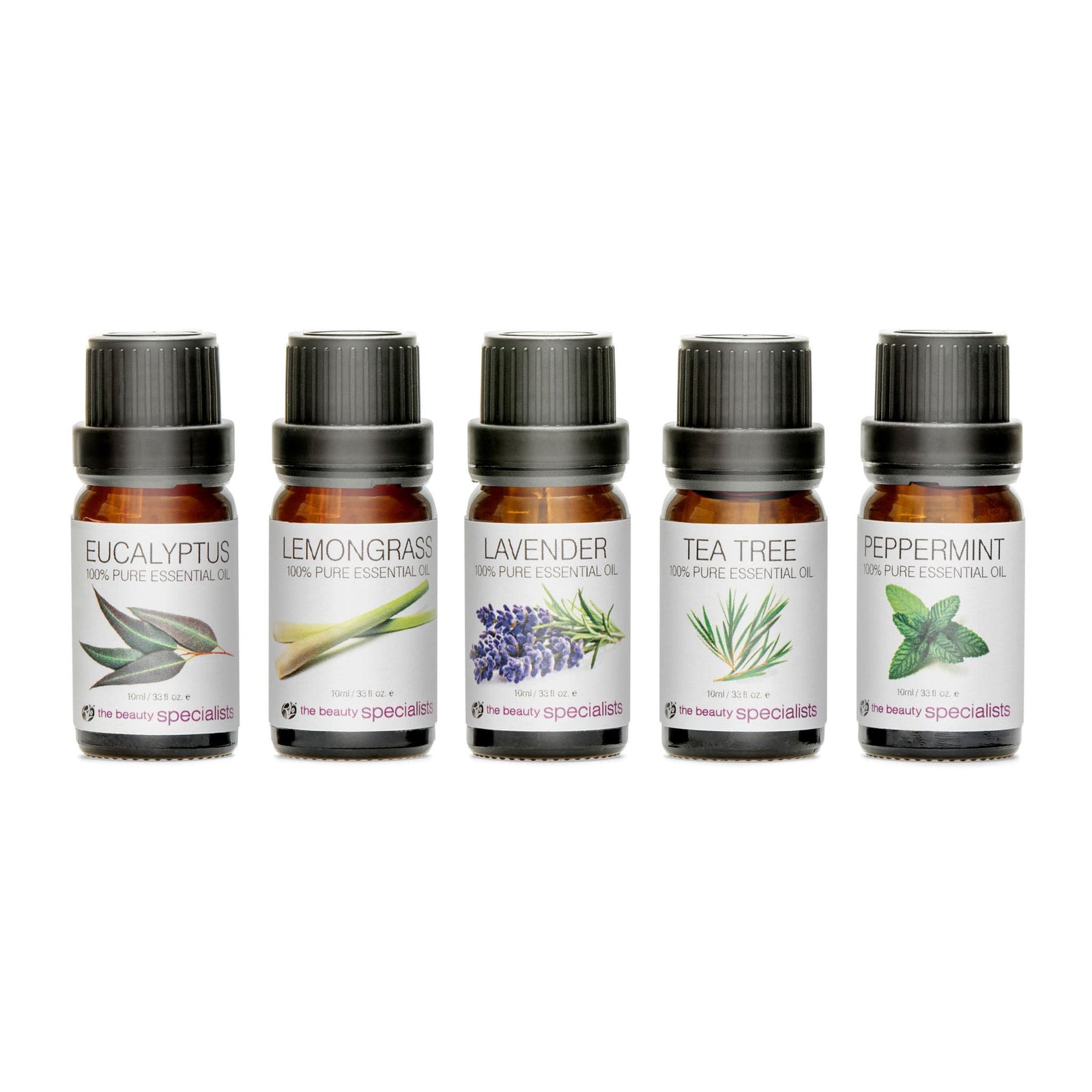The Rio Aromatherapy 100% Essential Oil Collection by Rio features five brown glass bottles with black caps, each labeled and illustrated for eucalyptus, lemongrass, lavender, tea tree, and peppermint—classic aromatherapy oils.