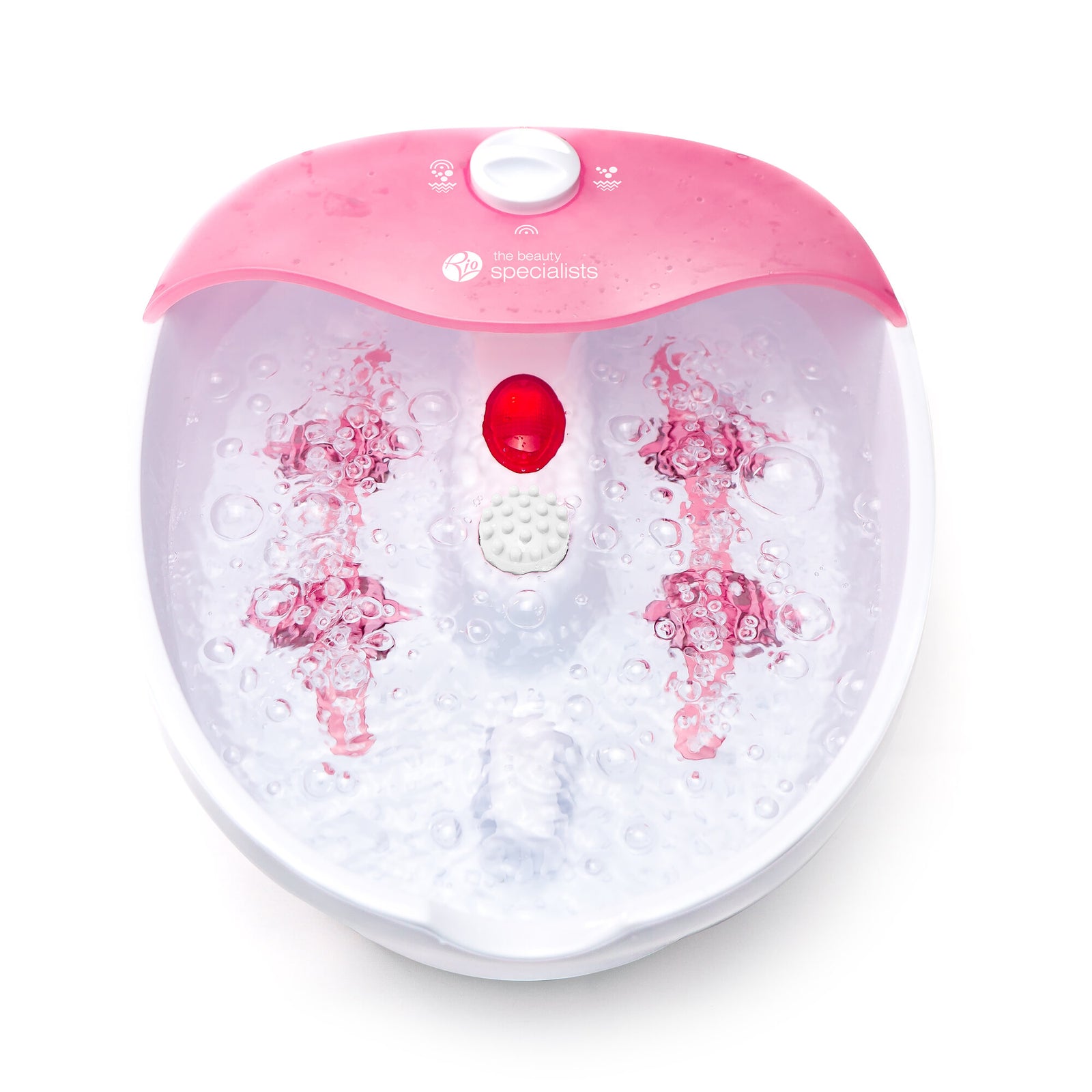 The Rio Soothing Waves Foot Bath Spa & Massager is a pink and white electric foot spa with bubbling water, relaxing massage rollers, and a central red indicator light beneath a pink cover for pure indulgence.