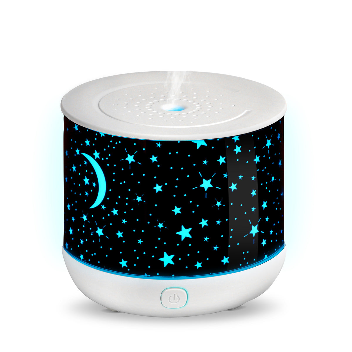 The Rio Dream Time Aroma Diffuser acts as a humidifier and night light, with glowing blue stars and a crescent moon on white, releasing visible mist from the top for a calming, night sky-inspired ambiance.