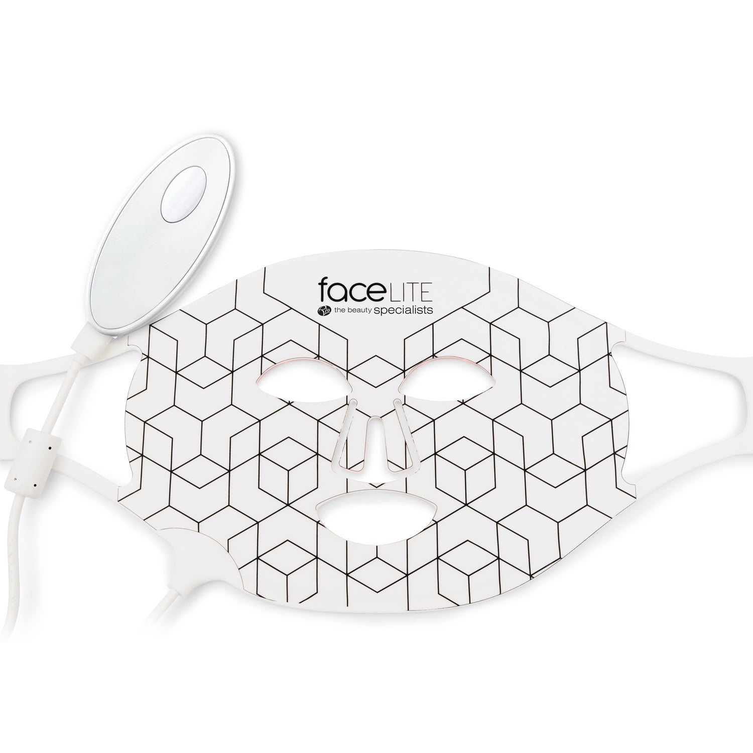 The Rio faceLITE beauty boosting LED face mask is a white mask with a geometric cube pattern, eye, nose, and mouth openings, adjustable straps, and an attached oval controller—designed to help reduce fine lines and wrinkles.