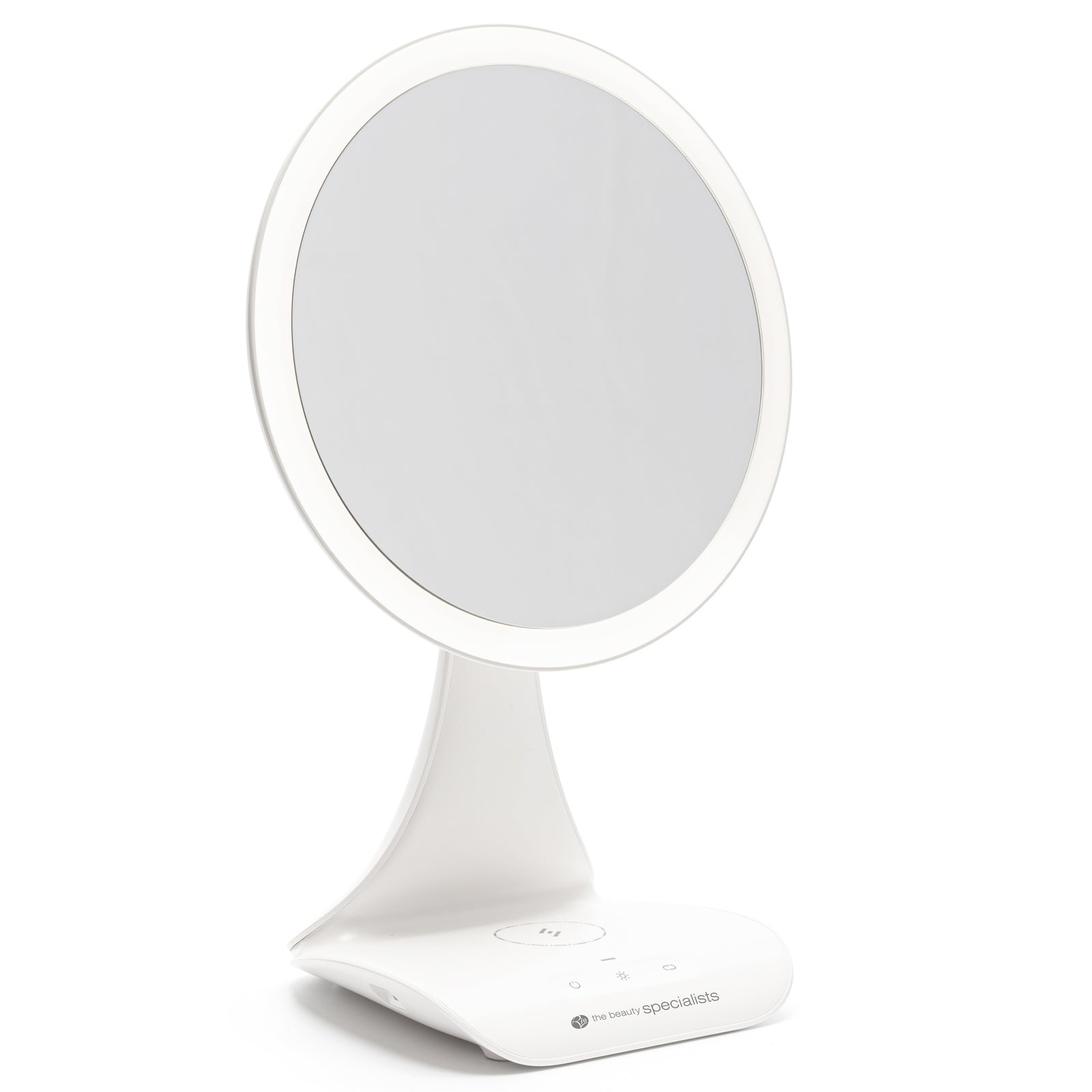 The Rio 5x magnification LED makeup mirror features an illuminated border, touch controls, and sits on a curved stand with a wireless charging station at its base.