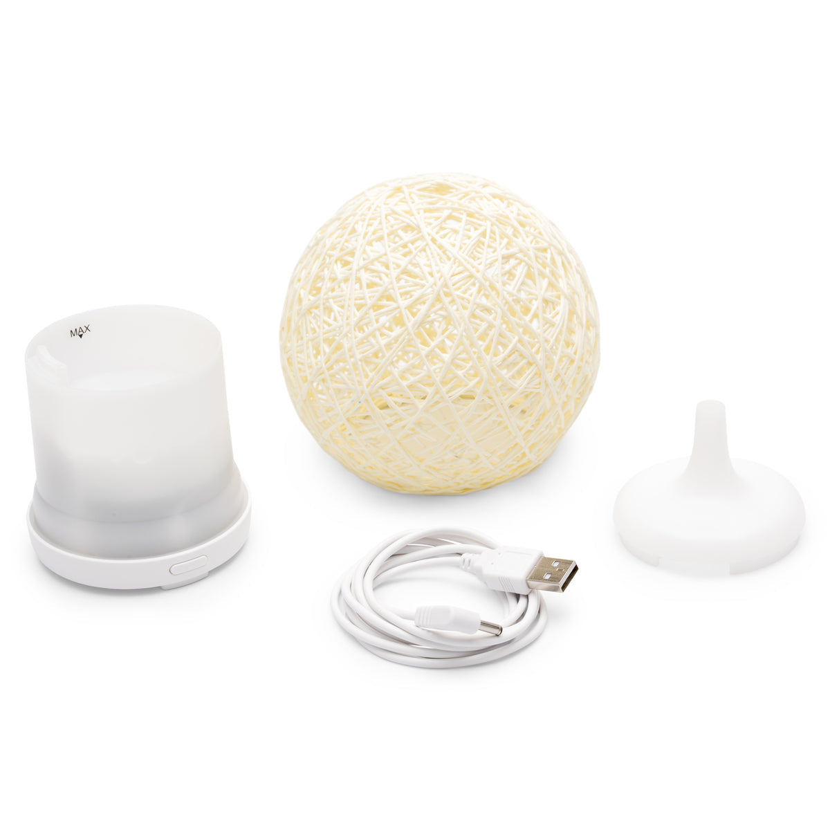 The Rio Lola Aroma Diffuser, Humidifier, and Night Light includes a white LED base, yellow string ball, USB charging cable, and plastic funnel—perfect for creating a tranquil haven—shown on a white background.