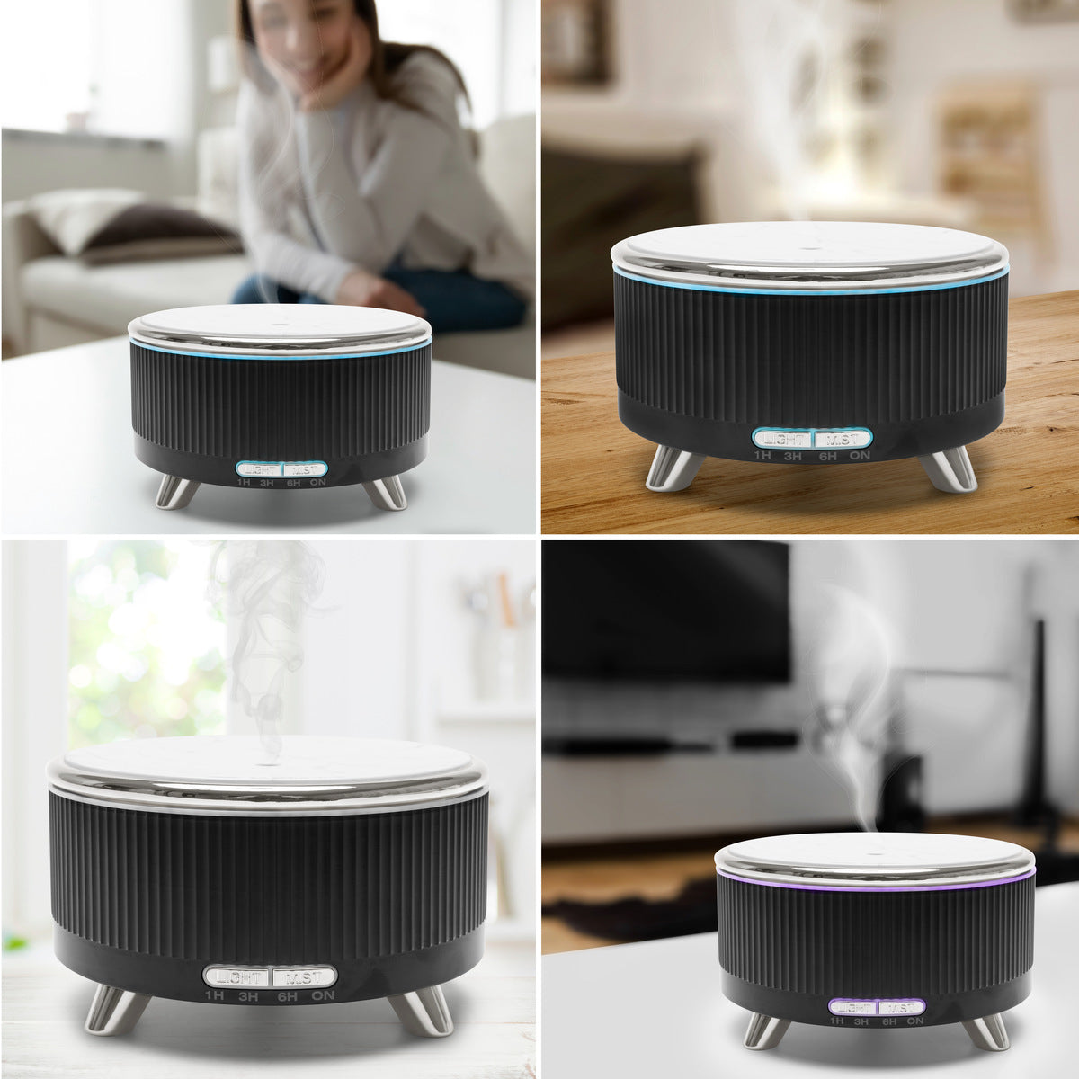 Four-panel collage of the Rio SONAS Aroma Diffuser, Humidifier & Night-Light: a woman smiles by the misting device in one panel, with close-up views of its round black design and glowing mood light in the others.