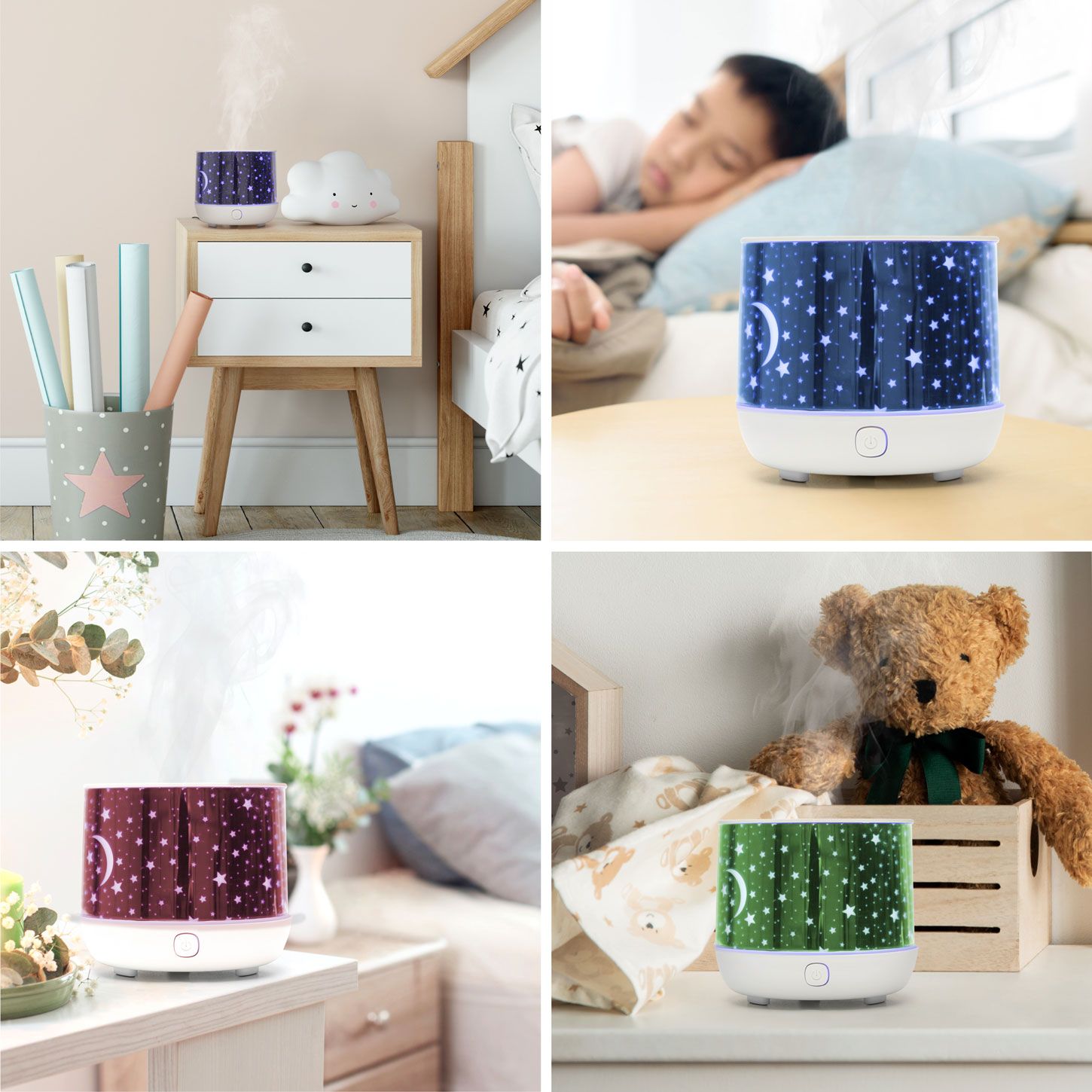 A collage of four images features the Rio Dream Time Aroma Diffuser, Humidifier and Night Light with a star and moon pattern, shown emitting mist in various rooms—by a sleeping child, next to toys, and on a bedside table.