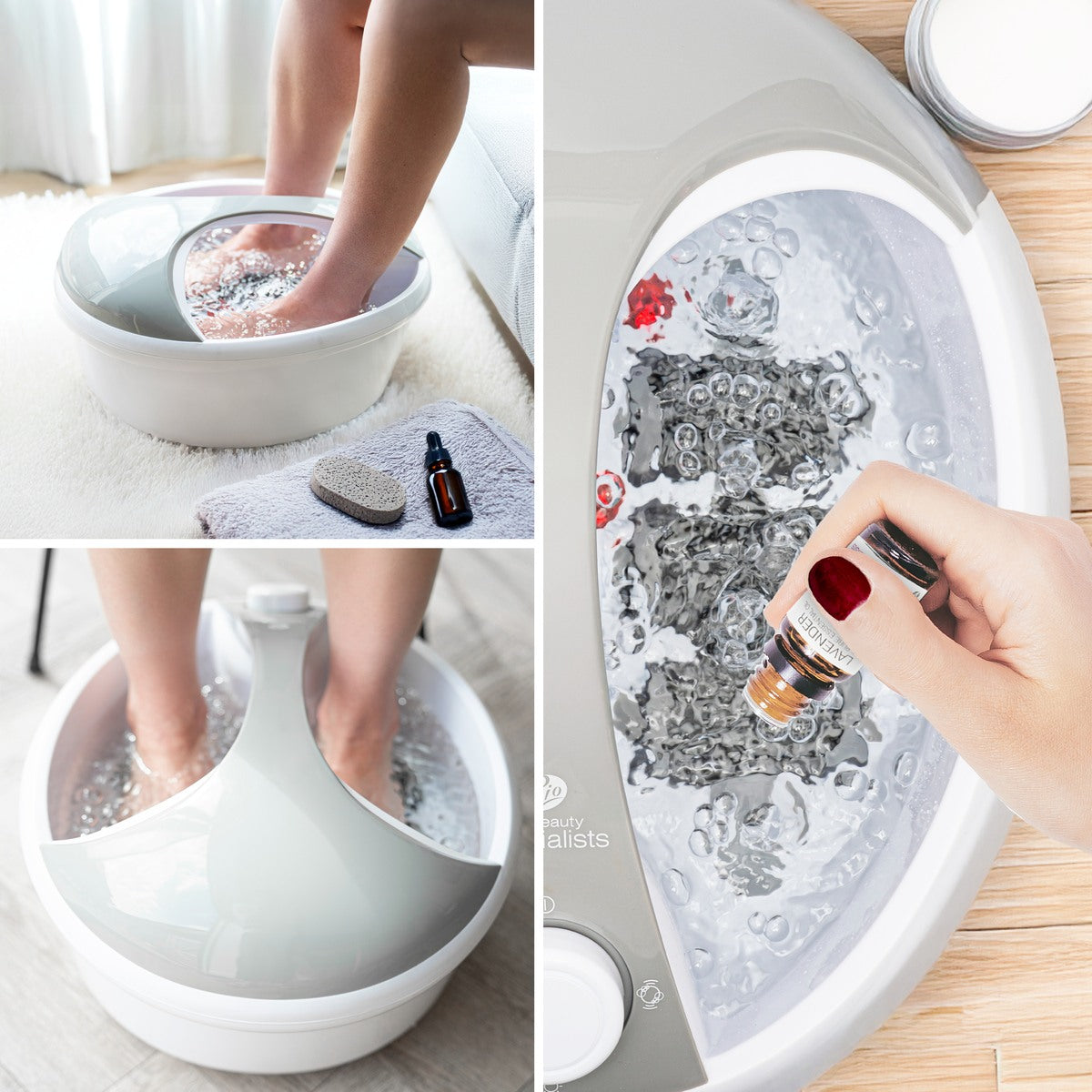 A collage shows a person soaking their feet in the Rio Deluxe Foot Spa Bath and Massager with bubbling water, while a hand adds essential oil drops and a pumice stone rests on a towel nearby.