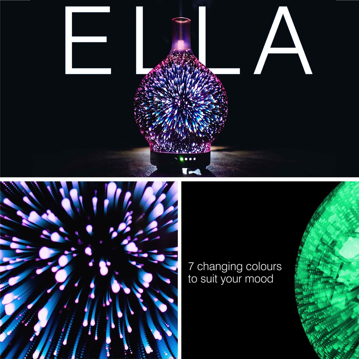 The Rio ELLA Aroma Diffuser, Humidifier and Night-Light features a dynamic firework-style display; close-ups reveal vivid patterns with text highlighting 7 changing colours to match your mood and create a soothing atmosphere.