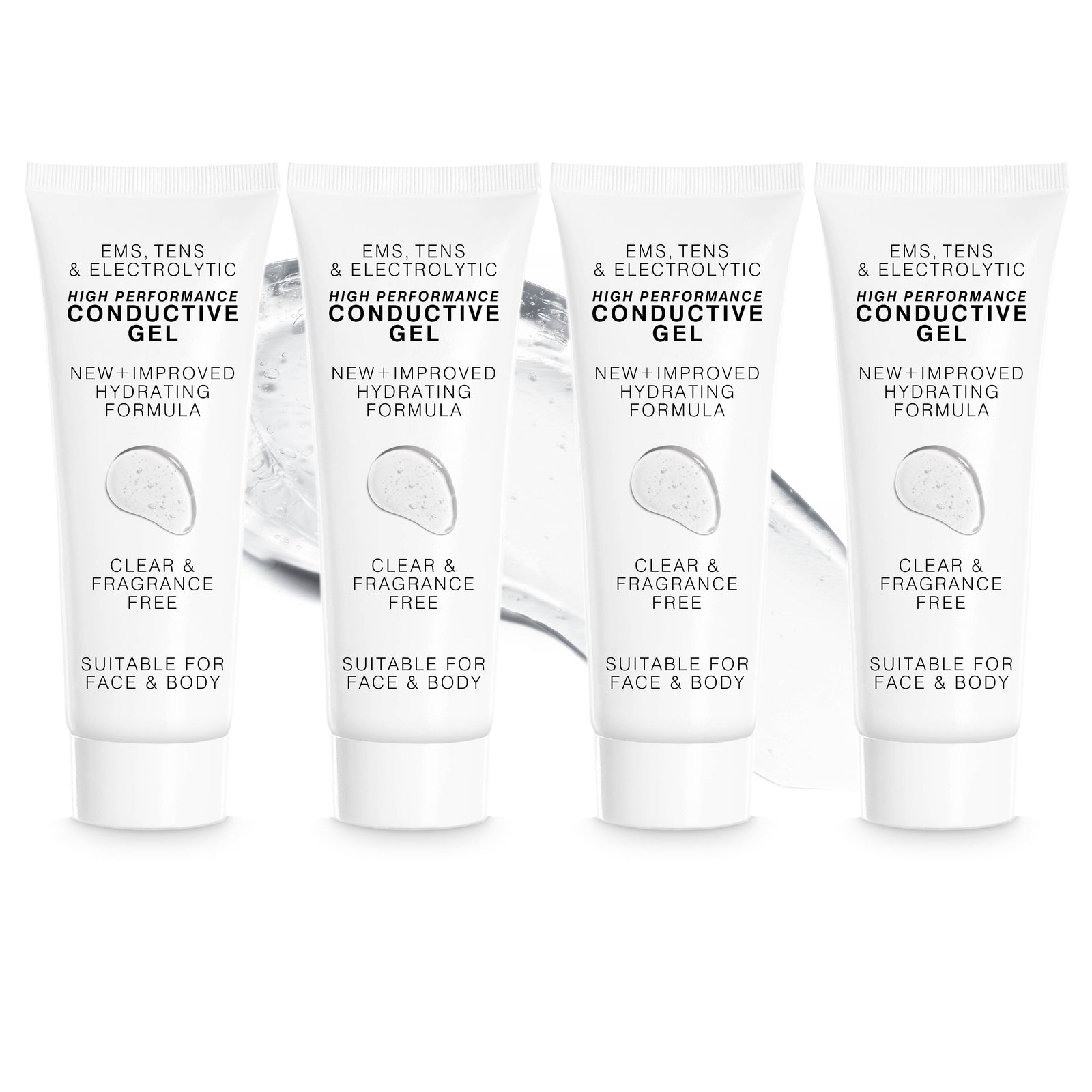 Four white tubes of Rio EMS, TENS, Electrolytic and Micro-Current Toning Conductive Gel (4 x 85ml) are lined up. The clear, fragrance-free gel suits face and body use. A smear of the conductive gel appears in the background.