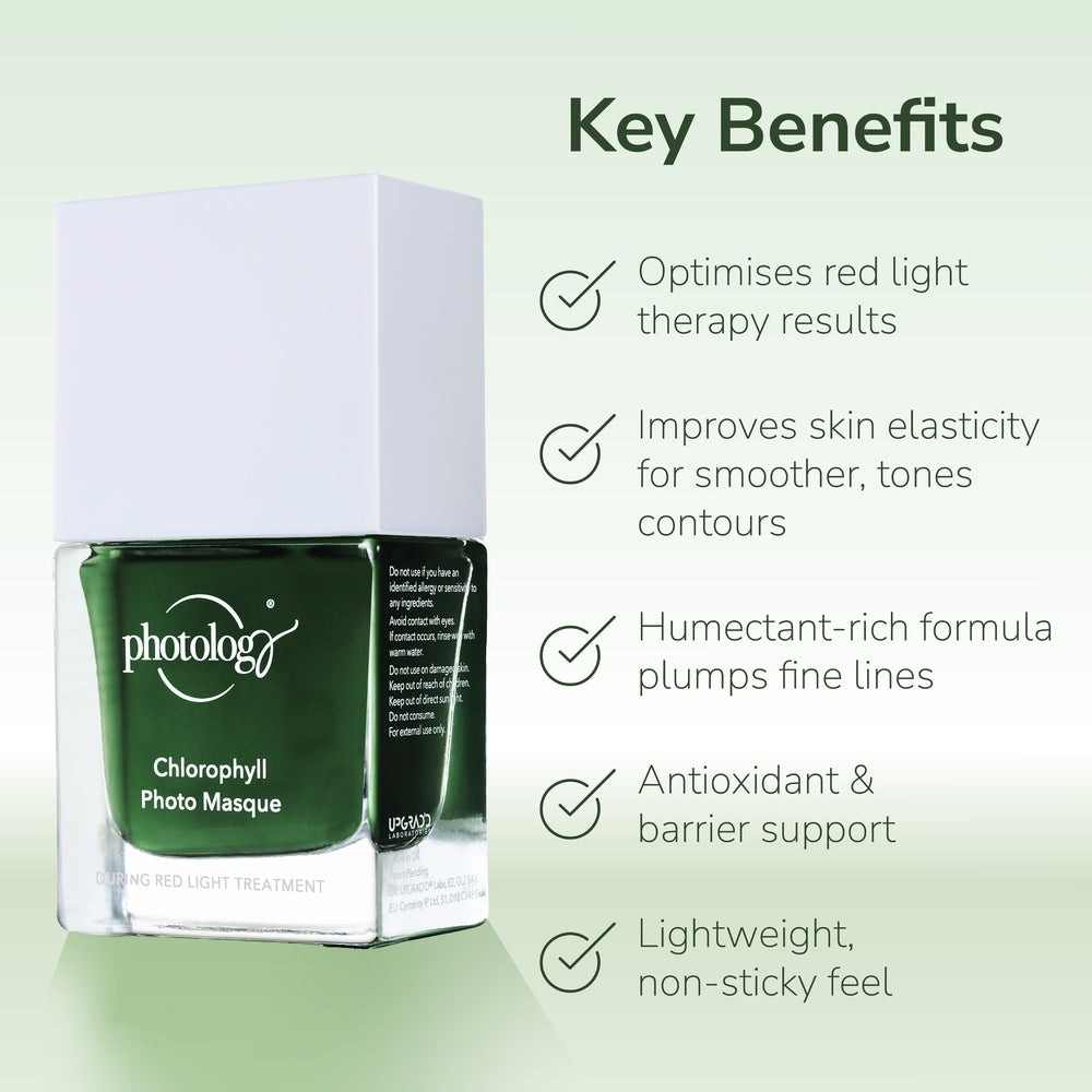A green bottle of Rio Photology Chlorophyll Light Serum Masque with a white cap is shown. Benefits include improved skin elasticity, antioxidant support, and a lightweight feel—ideal for pairing with your LED Face Mask routine.