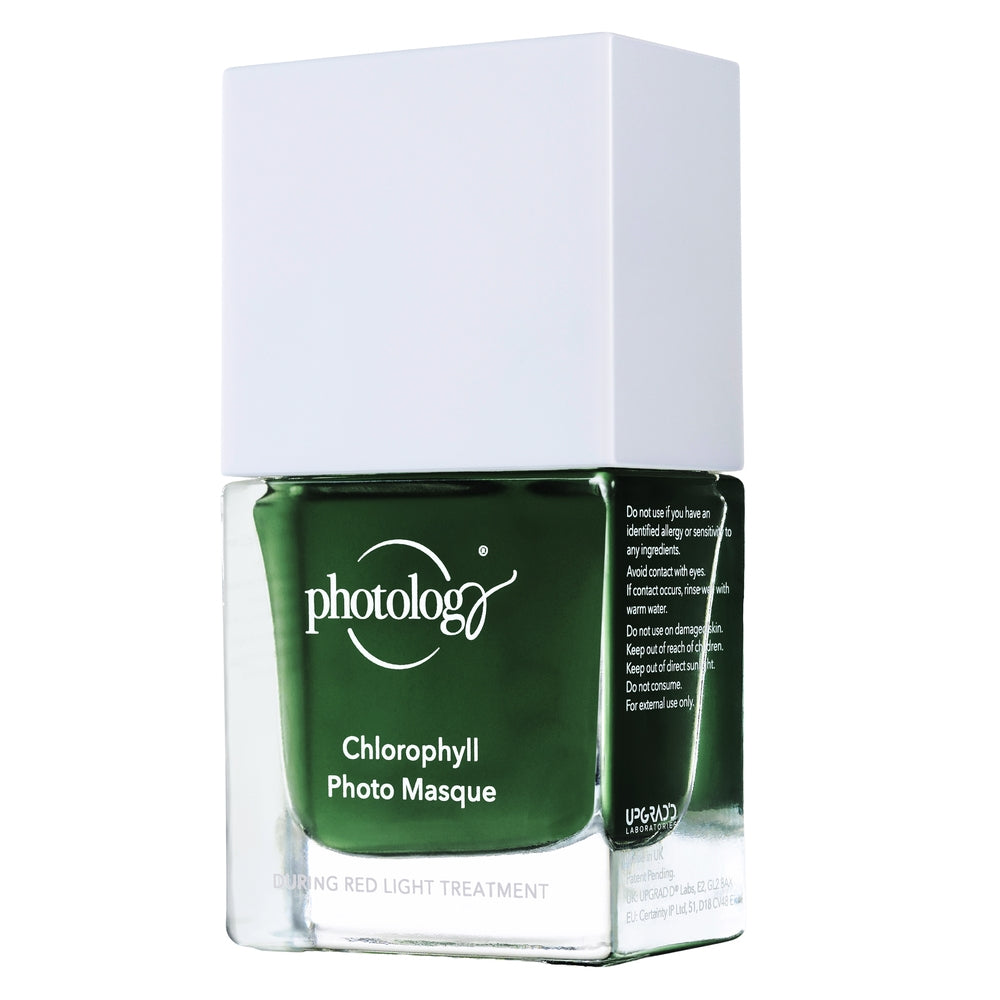 A bottle of Rio Photology Chlorophyll Light Serum Masque, featuring green liquid in a clear glass bottle with a white cap and label, designed to support skin elasticity and complement light therapy treatments like LED face masks.
