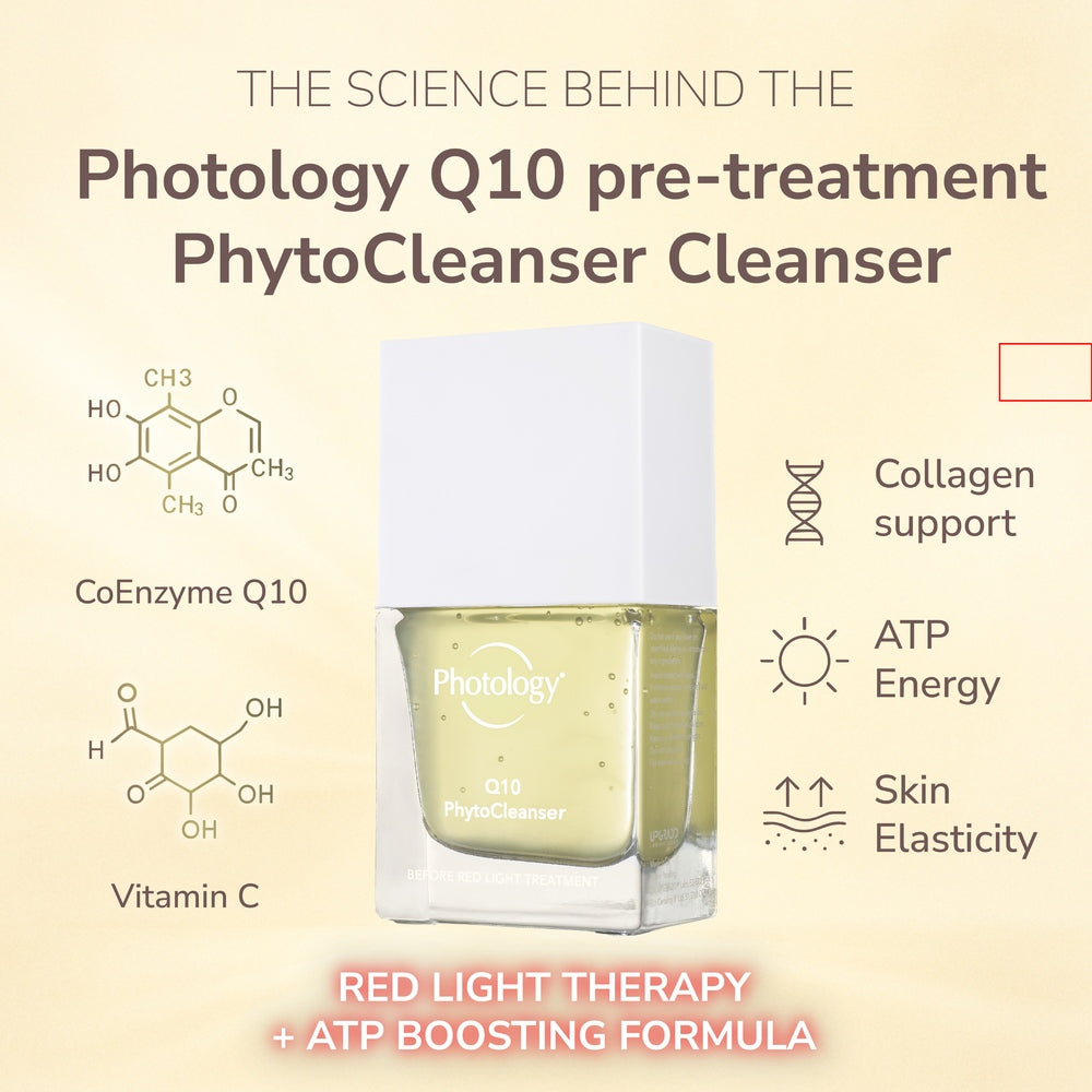 A bottle of Rio Photology Q10 Pre-treatment Phyto Cleanser is displayed with CoEnzyme Q10 and Vitamin C diagrams, highlighting benefits like collagen repair, increased ATP energy, and improved skin elasticity—perfect before red light therapy.