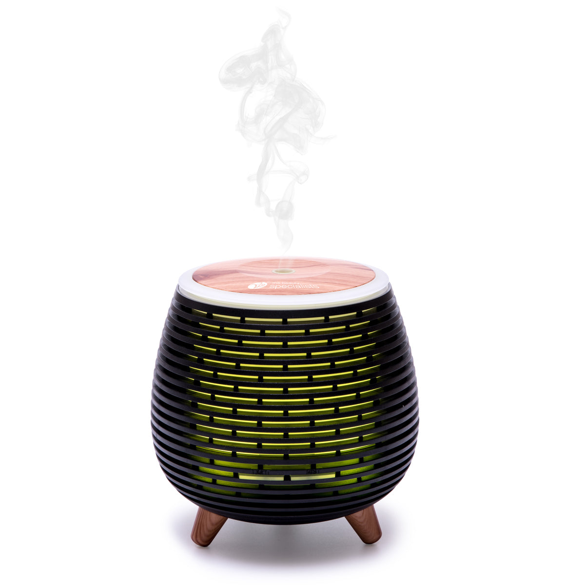 The Rio ZOEY Aroma Diffuser, Humidifier & Night-Light features a black and yellow striped design with a wooden top and three legs, gently emitting fragrant vapor to create a calm, relaxing atmosphere in any room.