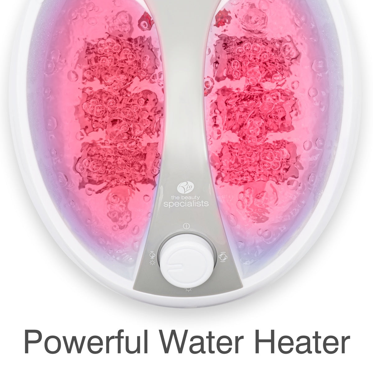 Top view of the Rio Deluxe Foot Spa Bath and Massager with bubbling pink water and a central control dial. "Powerful Water Heater" text appears beneath the image.