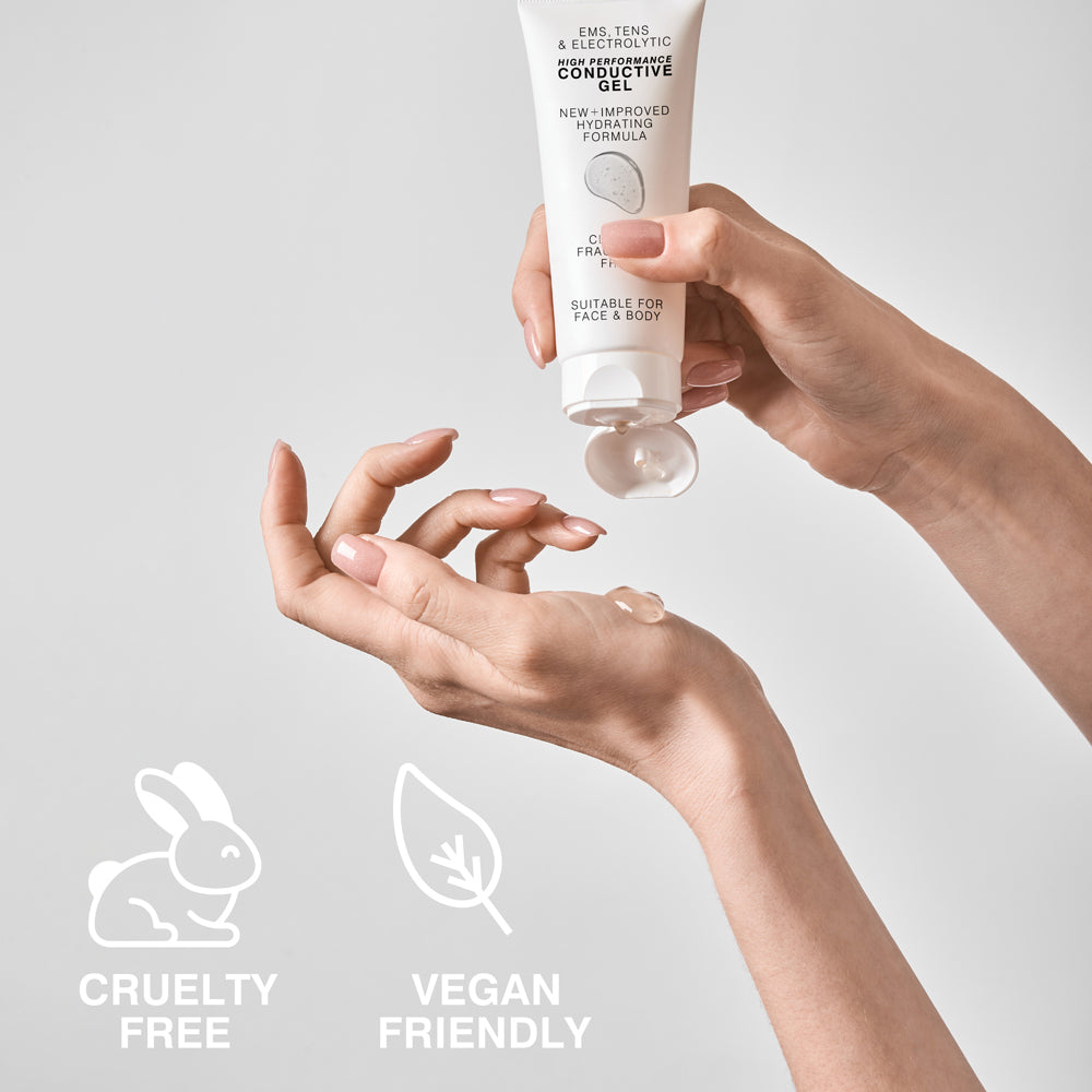 A person dispenses Rio's EMS, TENS, Electrolytic and Micro-Current Toning Conductive Gel (4 x 85ml) from a white tube. Icons below show it's cruelty-free (rabbit) and vegan-friendly (leaf), ideal for micro-current or EMS toning routines.