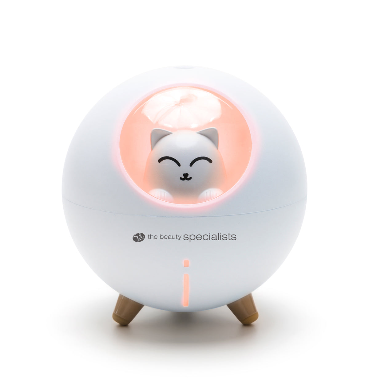 The Rio MIA Cat Childrens Essential Oil Diffuser, Humidifier, and Night Light features a round white design with wooden legs and a small smiling cat inside a pink-lit window, plus “the beauty specialists” below the window.