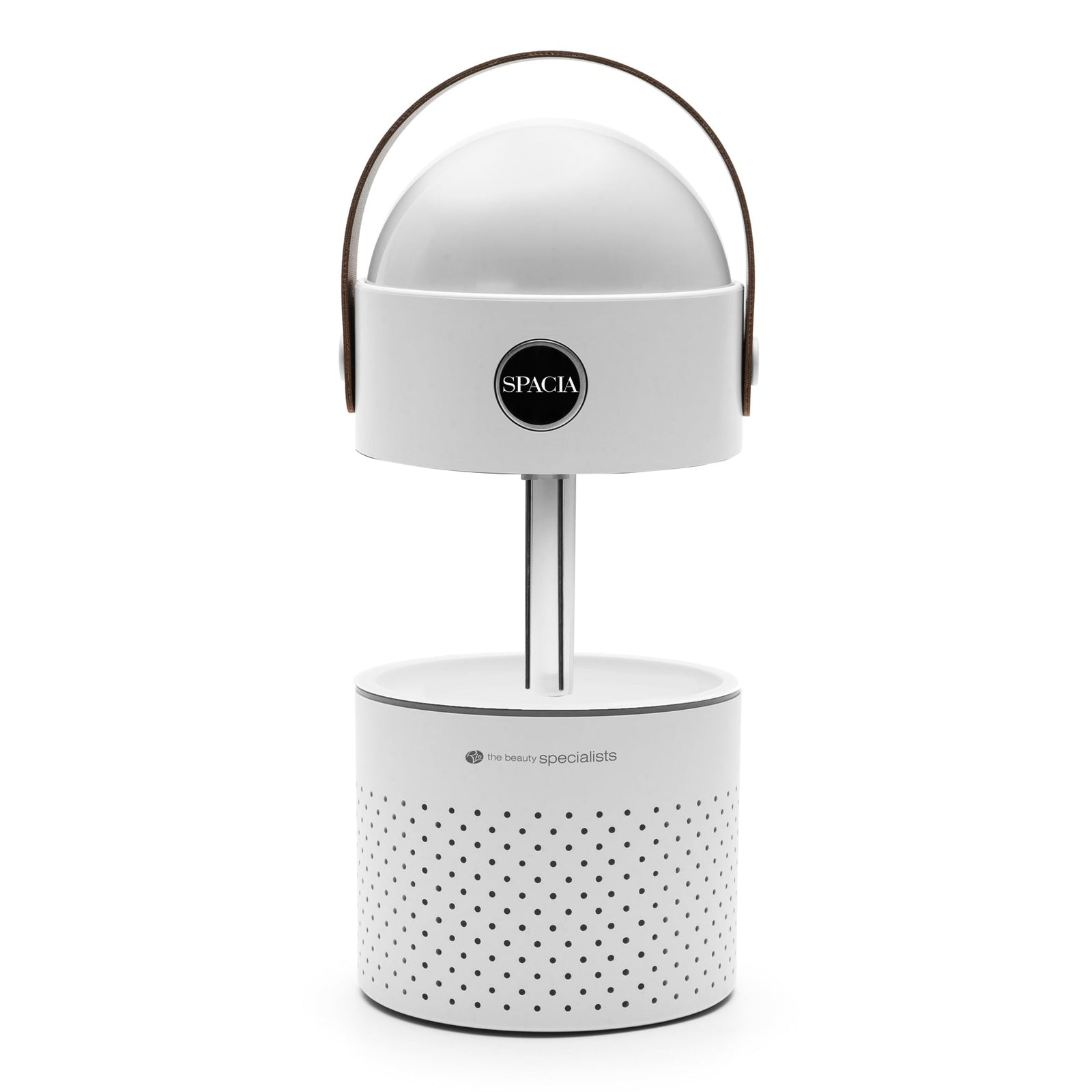 The Rio Galaxy Projector Childrens Essential Oil Diffuser is a modern white portable humidifier and night light with a cylindrical perforated base, dome top, black circular logo, and brown handle. It also functions as an essential oil diffuser.