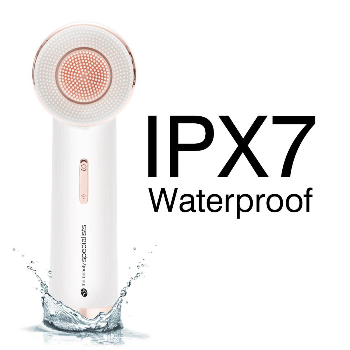 The PURE CLEANSE Deep Cleansing & Exfoliating Facial Brush by Rio the Beauty Specialists is shown with water splashes and a circular brush head, highlighting its IPX7 Waterproof design—perfect for your skincare routine.
