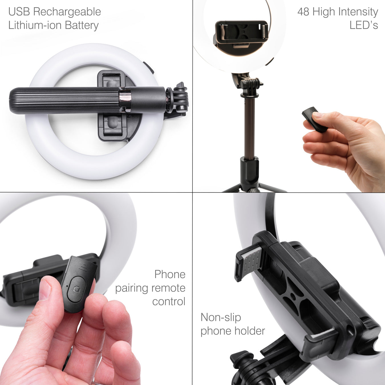 The Rio GlamourGlow Pro Beauty & Vlogging Ring Light features 48 LEDs, a rechargeable handle, USB battery, non-slip phone holder, wireless remote for pairing, and adjustable stand—ideal for makeup or vlogging.