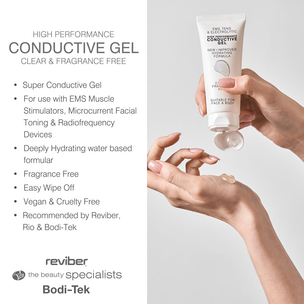 A person dispenses clear conductive gel from a white tube labeled “EMS, TENS, Electrolytic and Micro-Current Toning Conductive Gel - 4 x 85ml Tubes” by Rio onto their hand, ideal for toning devices. The text highlights features with the Rio logo at the bottom.