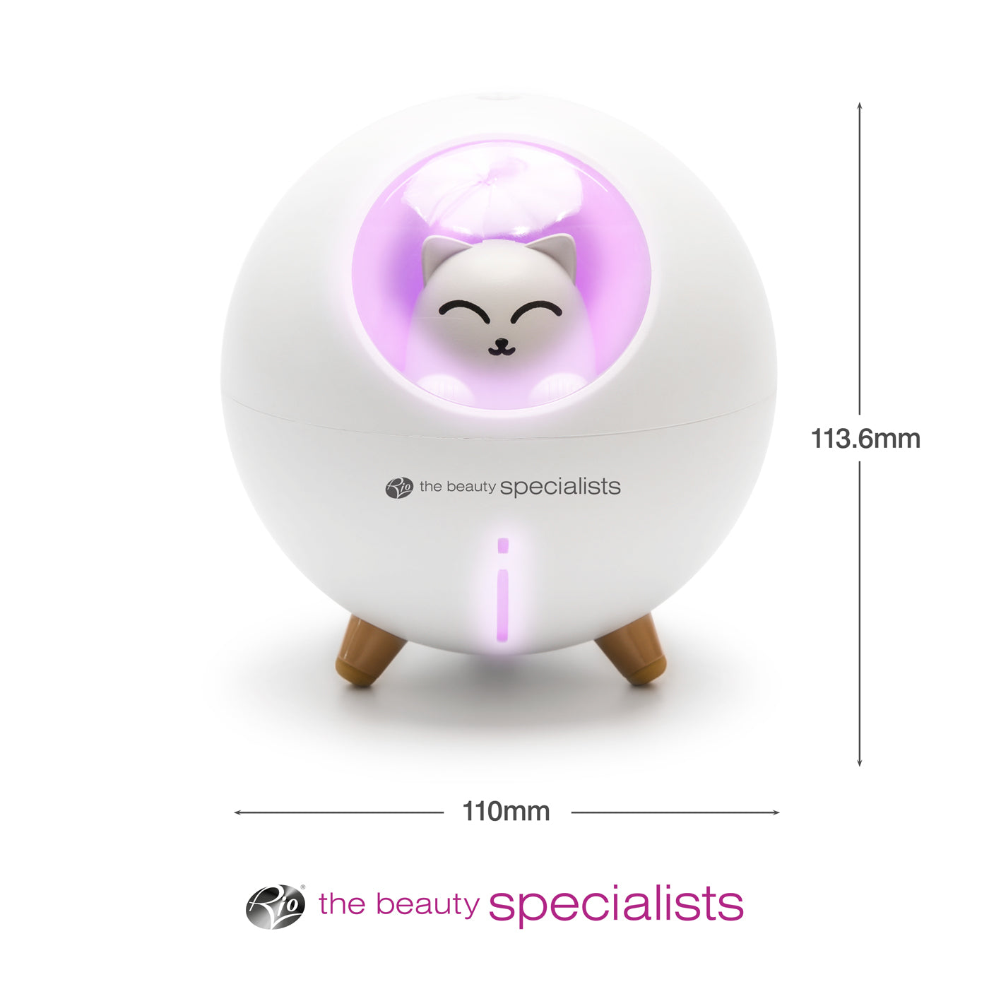 The Rio MIA Cat Children’s Essential Oil Diffuser, Humidifier, and Night Light features a round white design with a cat figure glowing purple, stands on three legs, measures 113.6mm tall by 110mm wide, and displays the Beauty Specialists logo below.