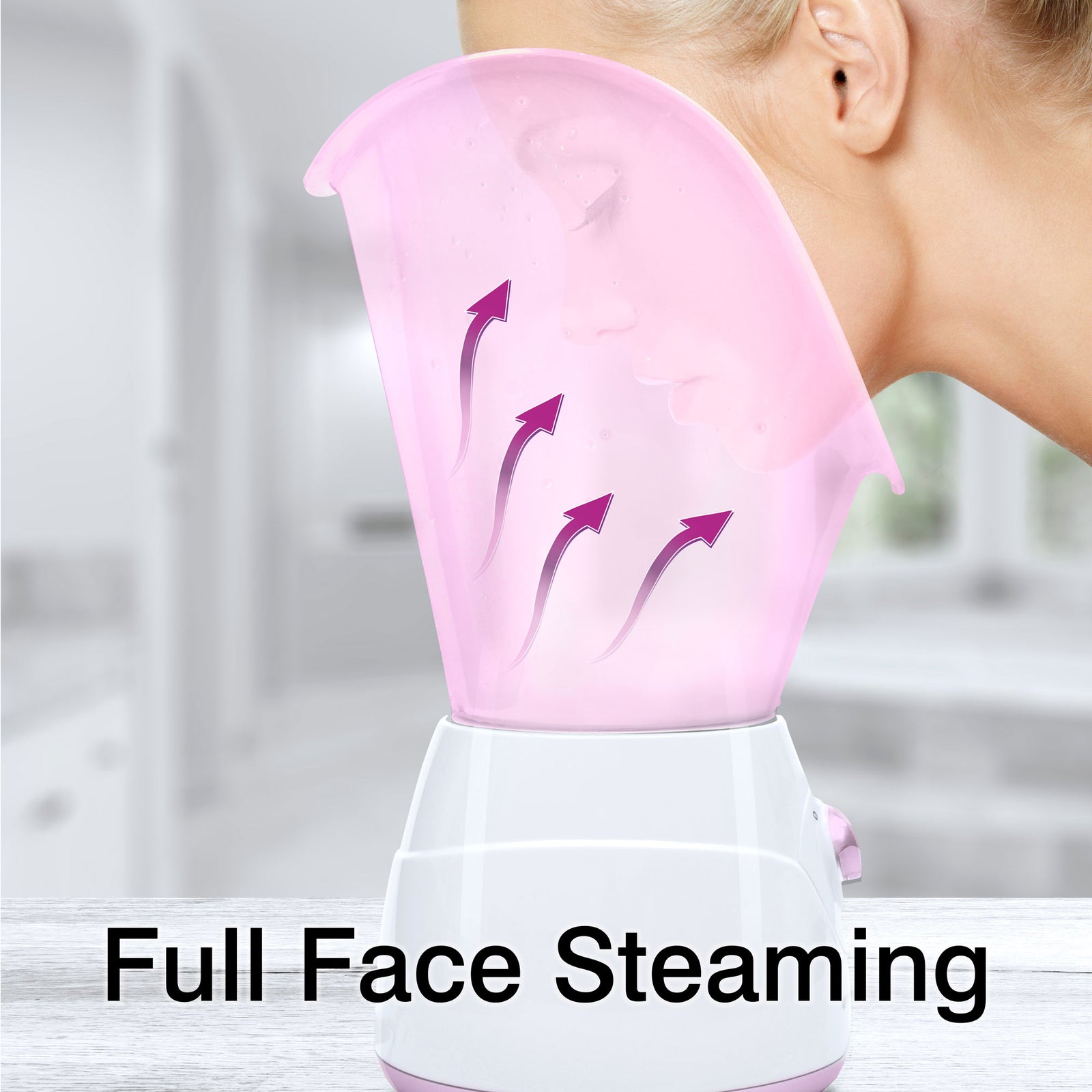 A woman uses the Rio Facial Sauna Skincare with Steam Inhaler - pink, letting steam rise to her face. "Full Face Steaming" is shown at the bottom of the image.