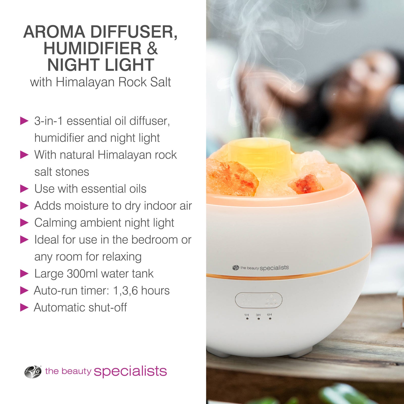 The Rio Aroma Diffuser, Humidifier & Night-Light with Himalayan Rock Salt features a glowing design, 3-in-1 functionality, a large water tank, and automatic shut-off—perfect for any table.