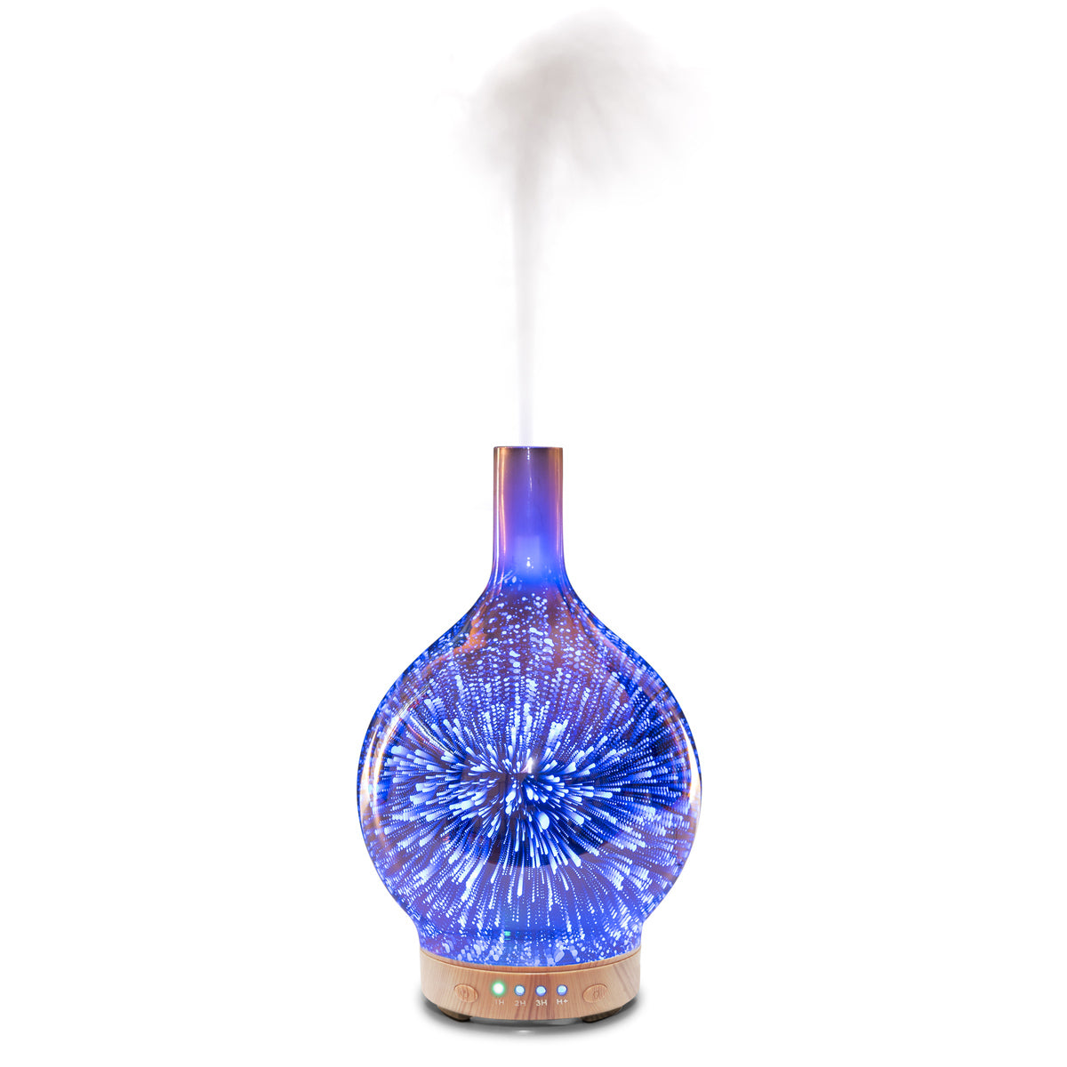 The Rio ELLA Aroma Diffuser, Humidifier and Night-Light features a blue glass design with a wooden base, 3D fireworks lights, and front control buttons to create a relaxing atmosphere in any room.