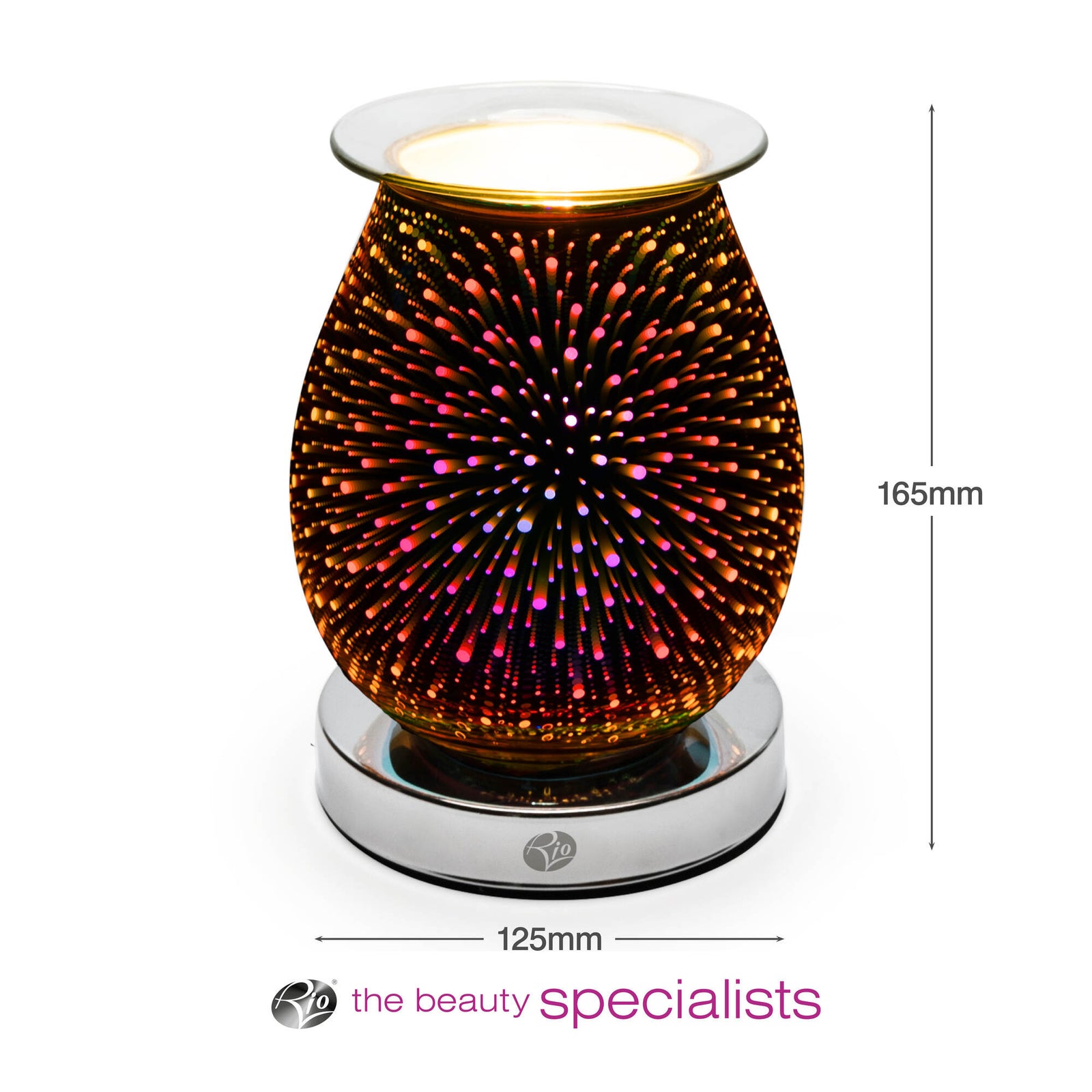 The Alura Wax Melt Burner & Aroma Diffuser Lamp by Rio features a 3D fireworks design with colorful dots, measuring 165mm tall and 125mm wide, and displays the Rio logo at the base.