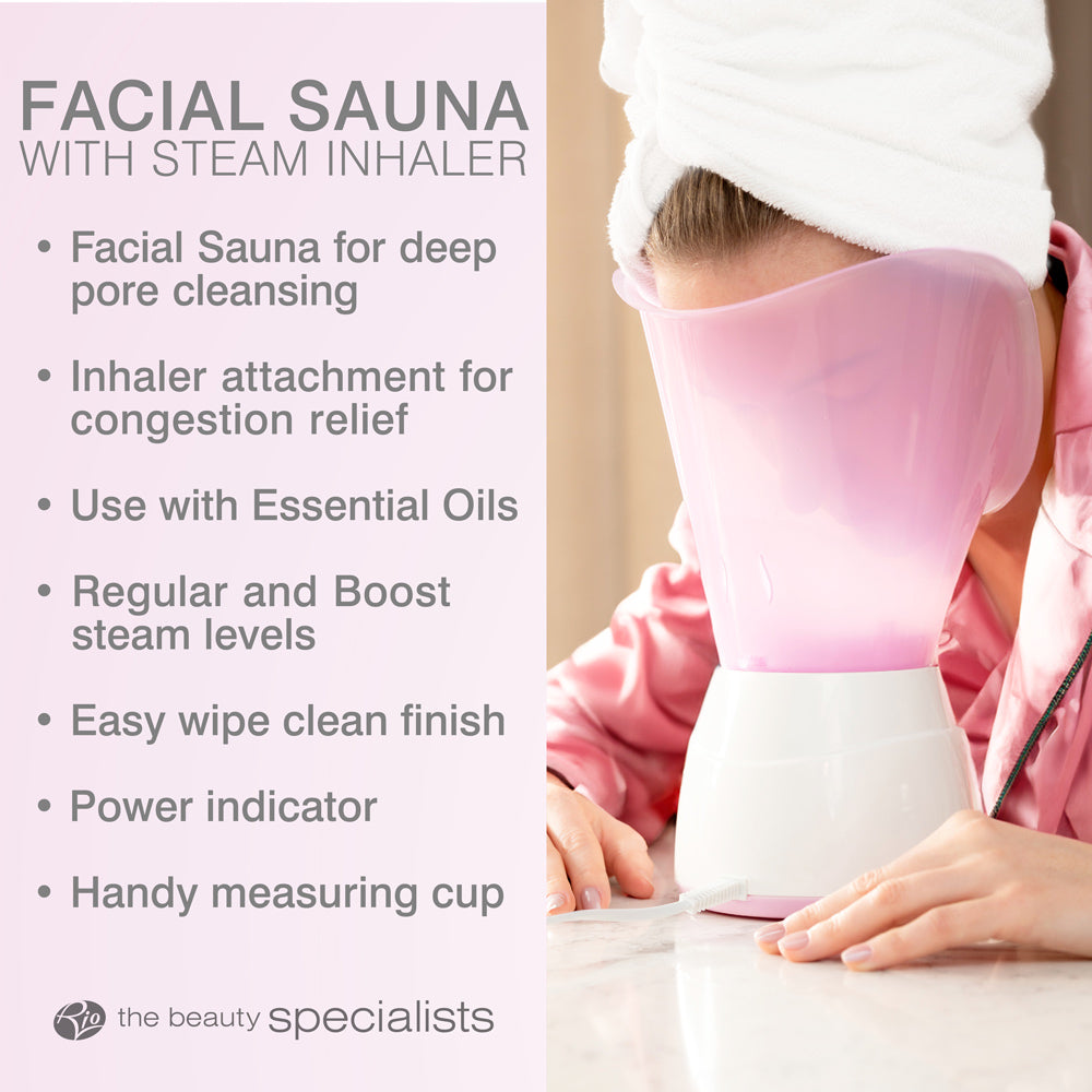A woman in a towel and pink robe uses the Rio Facial Sauna Skincare with Steam Inhaler - pink. Text lists features: deep pore cleansing, congestion relief, essential oil compatibility, easy cleaning, power indicator & measuring cup.