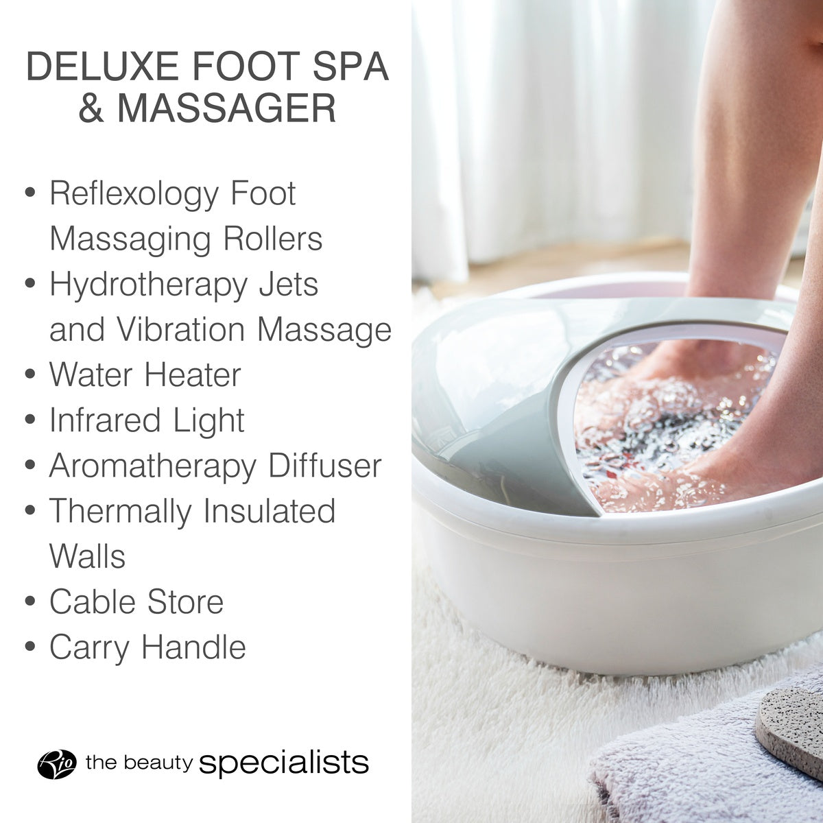 A person enjoys a Rio Deluxe Foot Spa Bath and Massager, featuring rollers, jets, water heater, infrared light, aromatherapy, insulated walls, cable storage, and a carry handle.