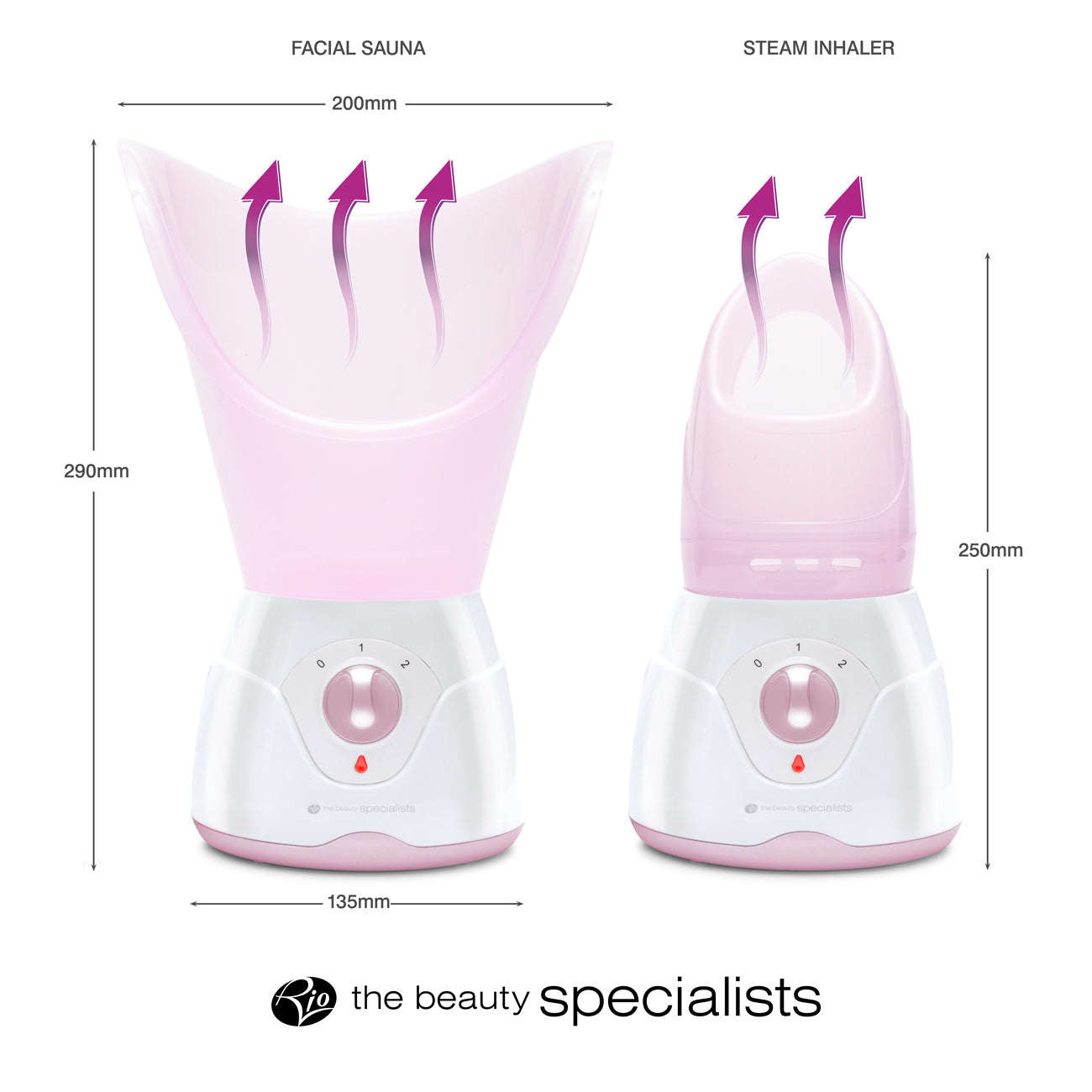 Two white and pink Rio Facial Sauna Skincare devices are shown: one with a wide mask and one steam inhaler with a narrow mask. Both have steam rising from the top, visible measurements, and control dials.