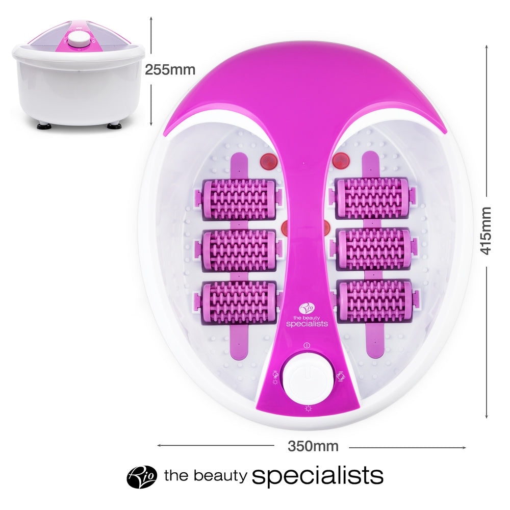 The Rio Deluxe Foot Spa Bath and Massager - Purple has an oval pink and white design with four purple rollers, measuring 415mm x 350mm x 255mm. The logo says "the beauty specialists." A closed lid version is shown in the top left corner.