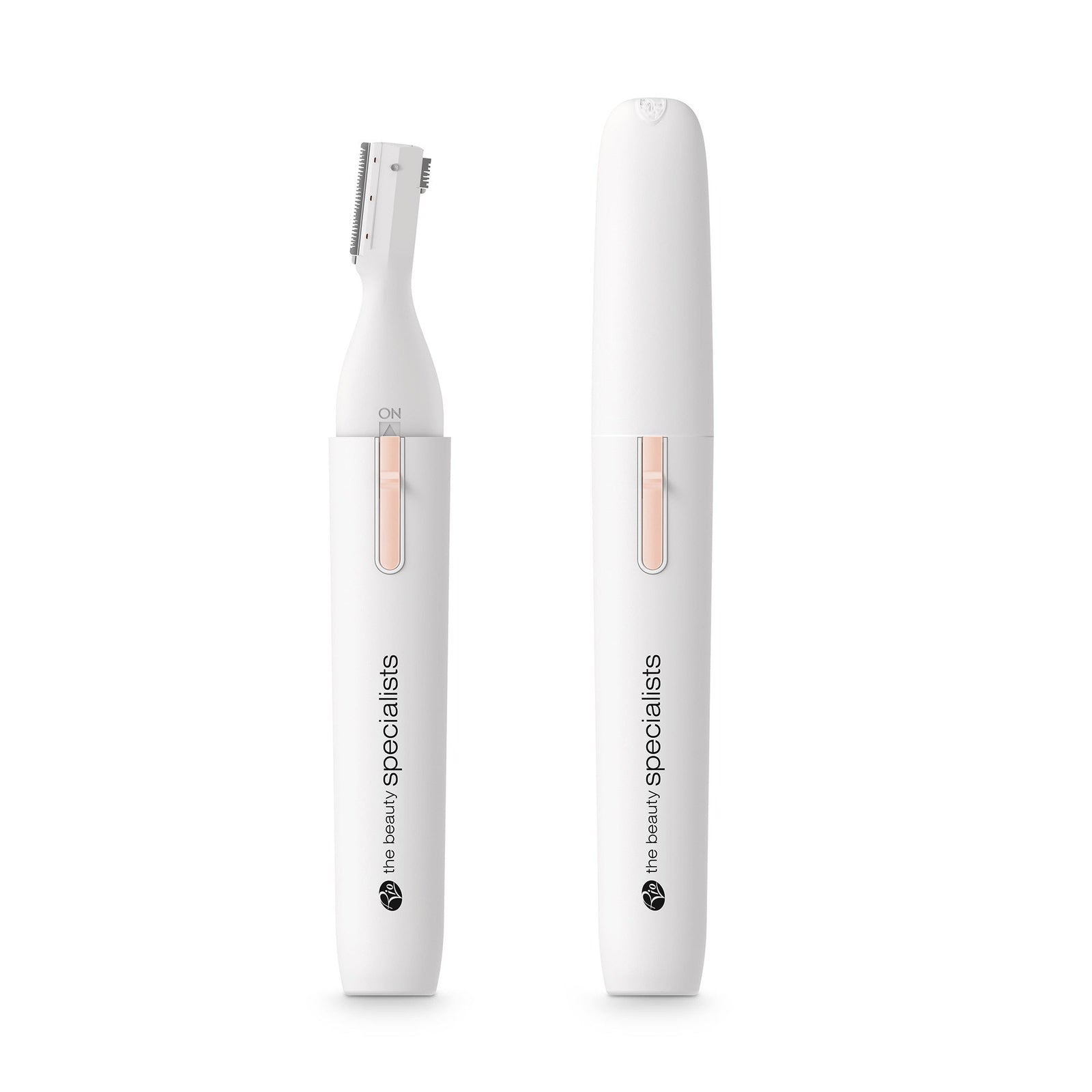 Two white Rio Precision Eyebrow, Face & Body Hair Trimmers with rose gold accents—one capped, one uncapped to show the blade. Both have The Beauty Specialists logo and are perfect for precise grooming of eyebrows, face, or body hair.