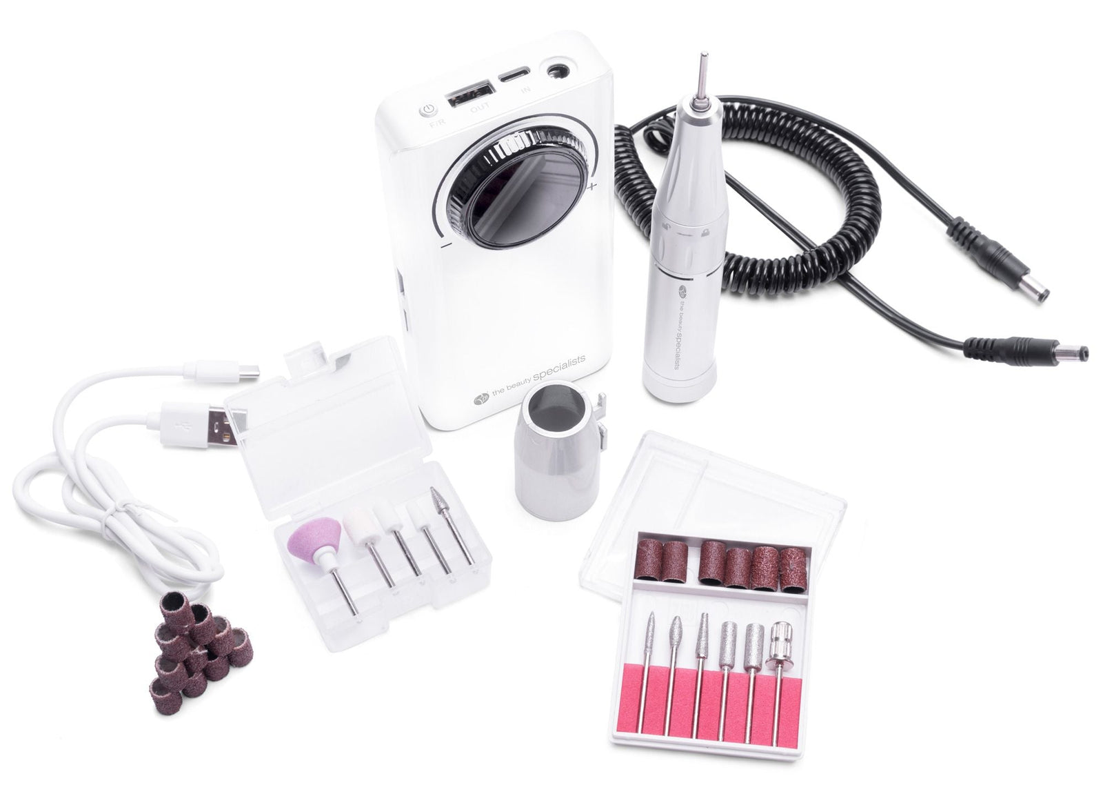 Electric nail file for toenails with portable wearable controller and kit contents laid out including additional drill heads usb charging cable mandrel sanding bands and connection cable