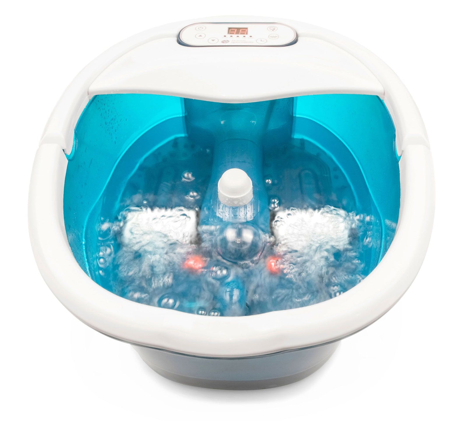 multi-functional motorised foot spa bath and massager filled with bubbling water