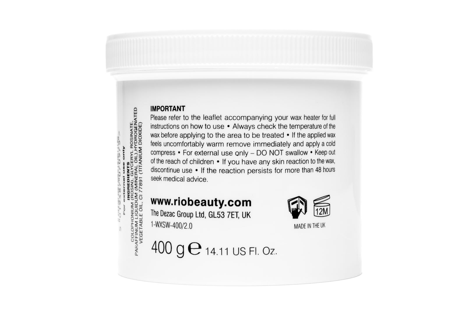 rear view of deluxe cream wax pot with instructions visable