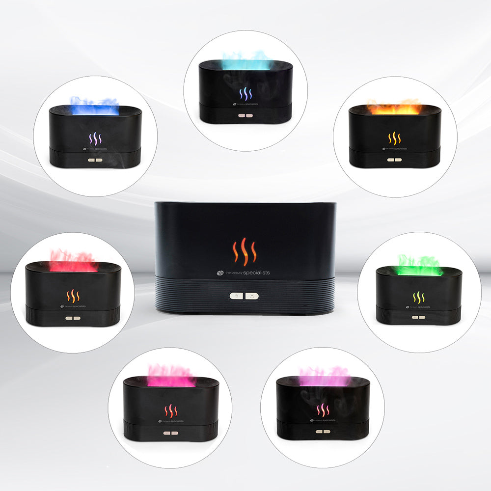 The Rio ALTA Aroma Diffuser, Humidifier and Night-light is featured in black at the center, with smaller images showing it emitting mist in blue, purple, orange, green, red, pink, and multicolor—ideal for diffusing essential oils.