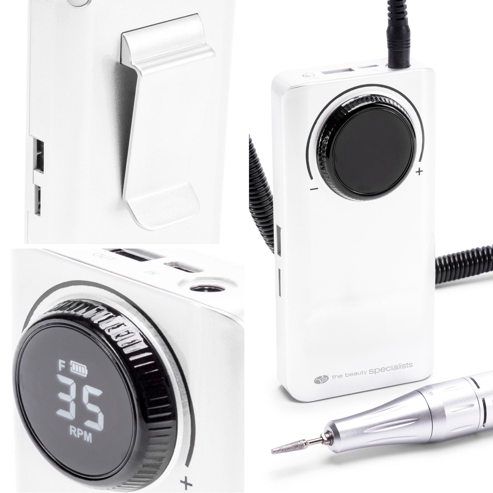 Montage of electric nail filer, ideal for finger and toe nails, digital display screen and belt clip attachment on rear of the motorized nail file.