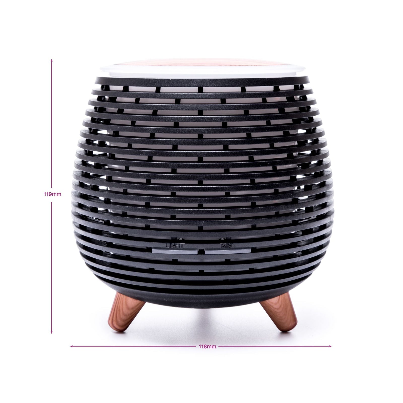 The Rio ZOEY Aroma Diffuser, Humidifier & Night-Light features a round, black striped design with wooden legs. Measuring 119mm high and 118mm wide, it’s perfect for relaxation and creating a peaceful atmosphere anywhere. Shown on a white background.