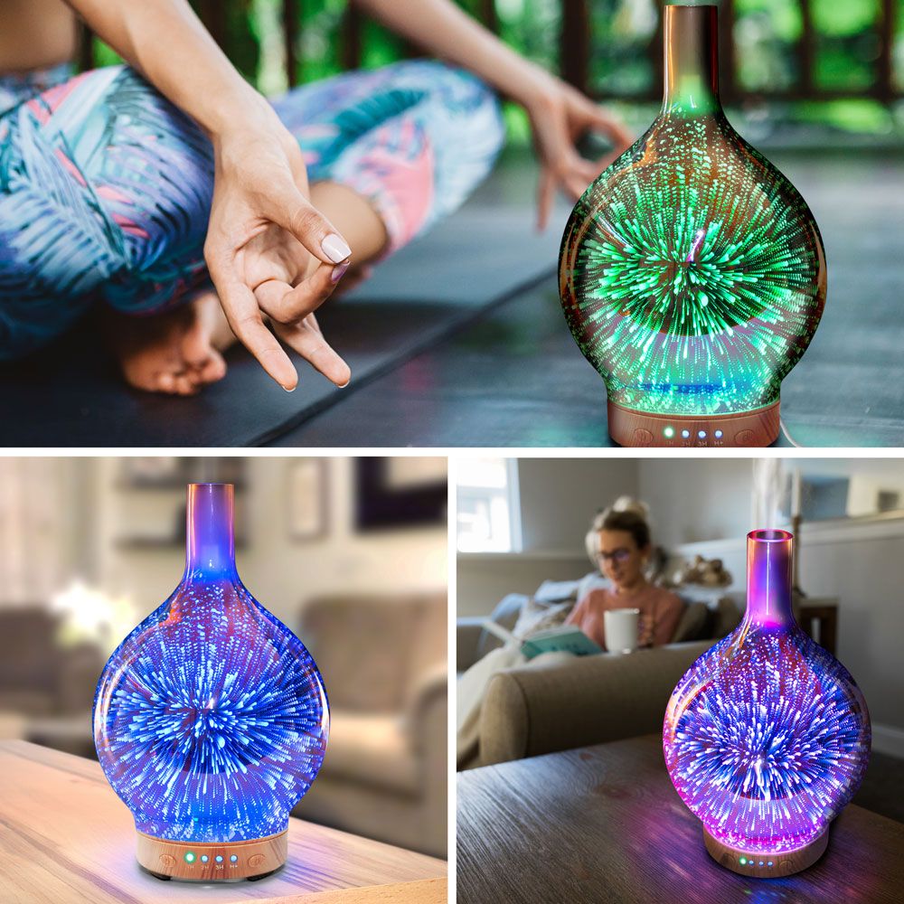 A collage featuring the Rio ELLA Aroma Diffuser, Humidifier, and Night-Light with colorful LEDs creating a soothing vibe. One image shows meditation nearby; others display the diffuser on tables as a woman reads and drinks tea in the background.