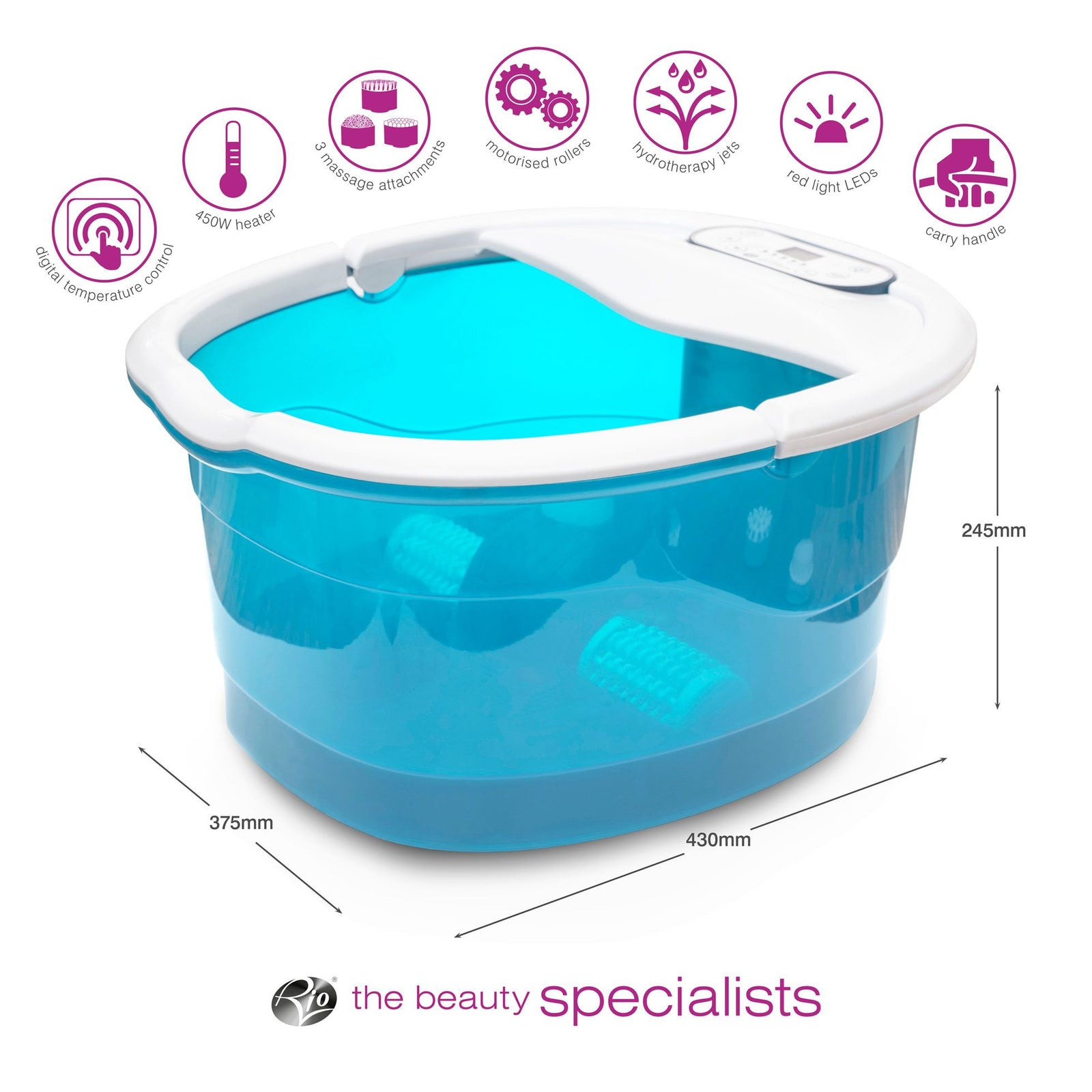 multi-functional motorised foot spa with arrows labelling height 245mm width 375mm and depth 430mm
