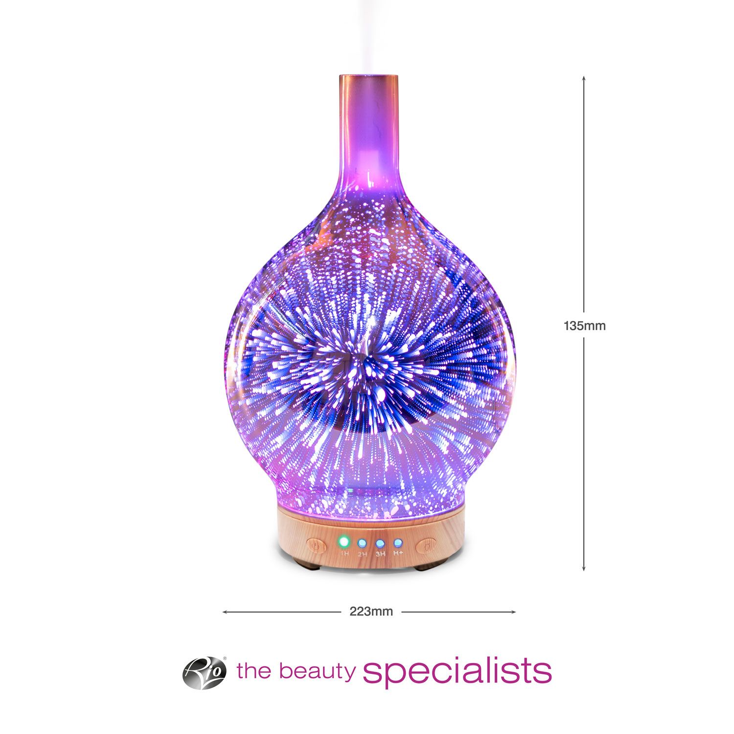 The Rio ELLA Aroma Diffuser, Humidifier and Night-Light in purple and blue with a 3D light effect (135mm x 223mm) is pictured above the beauty specialists logo on a white background, adding a calming touch.
