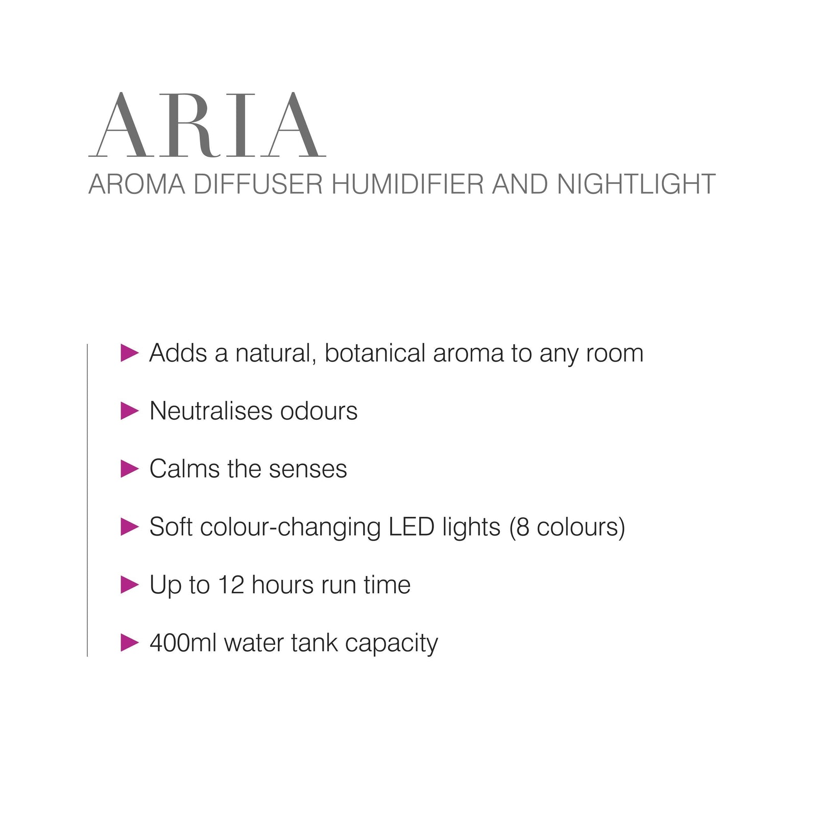 The Rio ARIA Aroma Diffuser Humidifier and Nightlight enhances relaxation and décor with aroma diffusion, odour neutralization, 8 LED colours, calming effects, a 400ml tank, and up to 12 hours run time.