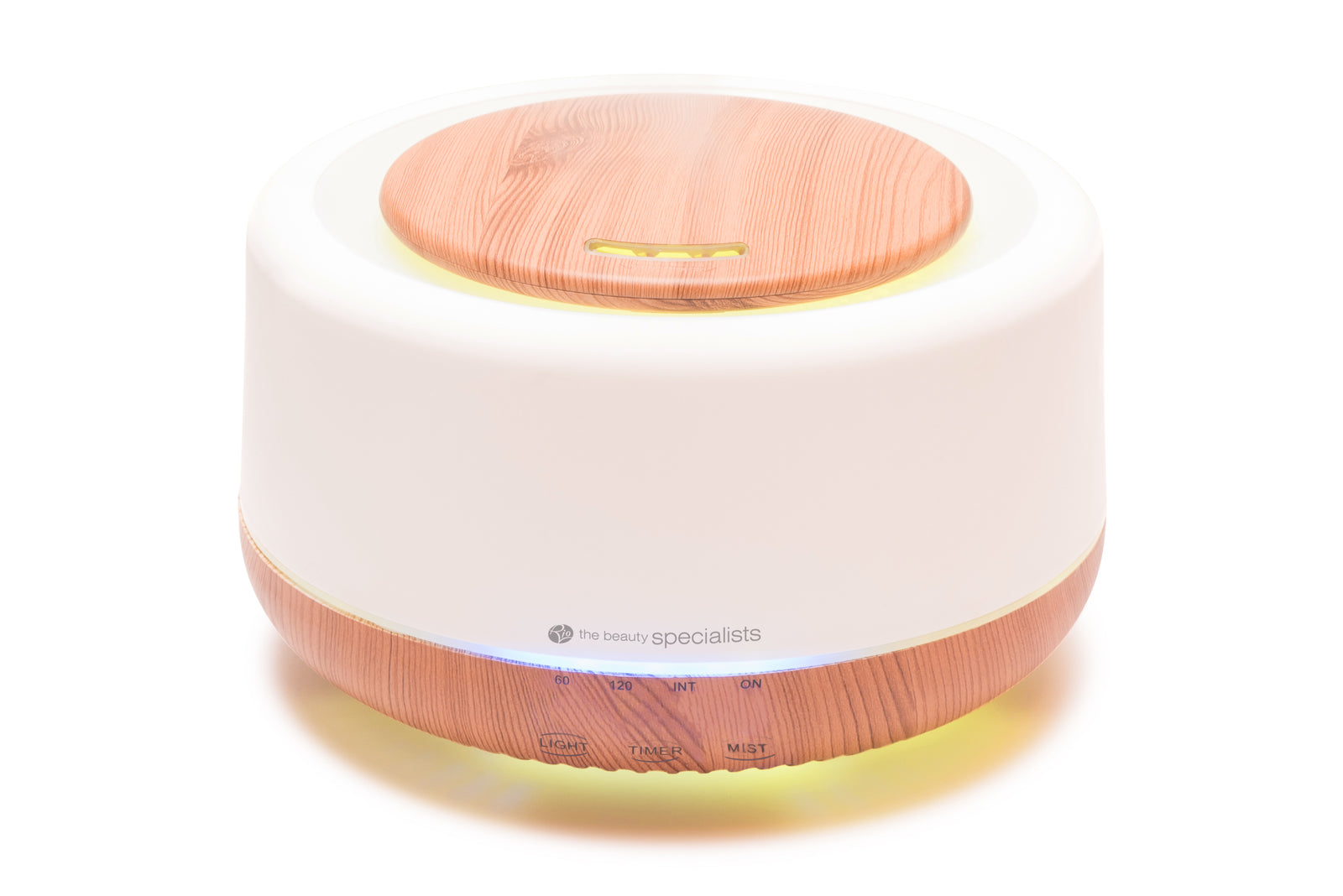 The Rio ALORA Aroma Diffuser, Humidifier & Night-Light features a wood grain and white finish, front control buttons, and a soft yellow night-light encircling the top for modern style and functionality.