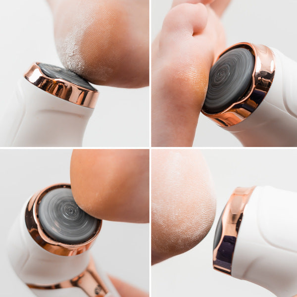 montage of electric hard skin removers in use on various parts of a foot filing off hard skin.