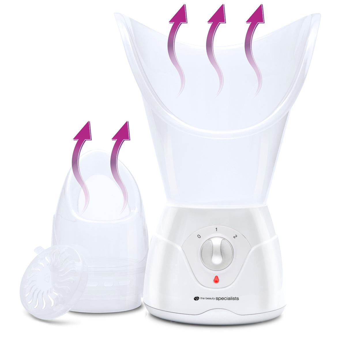 The Rio Facial Sauna Skincare with Steam Inhaler features two interchangeable attachments, a three-setting dial for customized use, and purple arrows highlighting steam flow from the top, making it ideal for personal skincare routines.