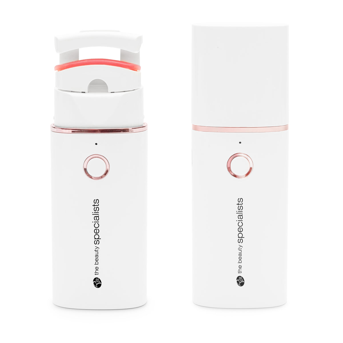 Two white, rectangular WOW Lash Heated Eyelash Curlers by Rio with rose gold accents and central buttons. One is closed; the other is open, revealing an orange detail—both display Rio branding vertically. Perfect for beautiful lashes.