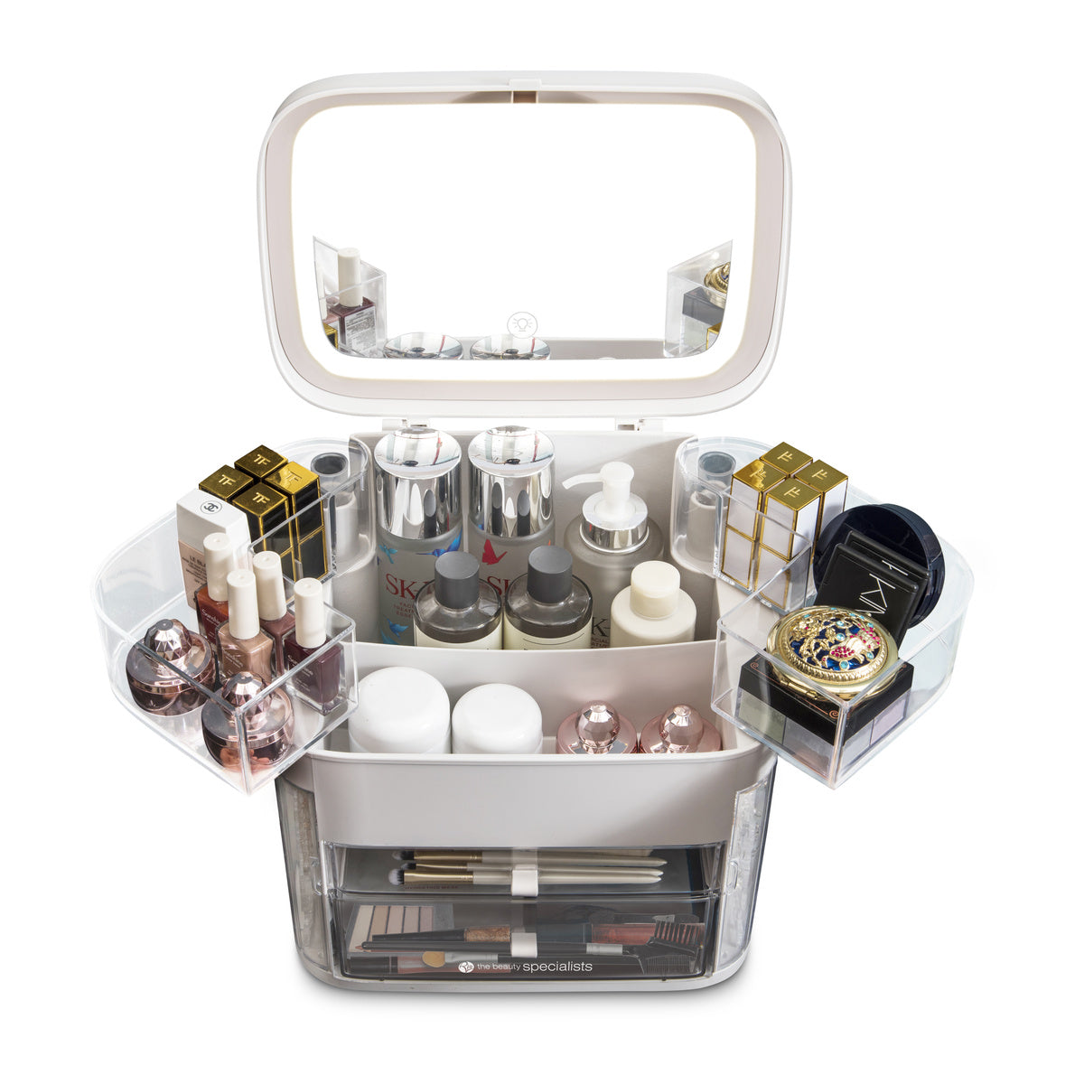 The Rio Ultimate Beauty Storage Box With Dimmable Mirror features organized compartments for skincare, makeup, lipsticks, eyeshadow palettes, and brushes—your ideal portable organizer for all beauty essentials.