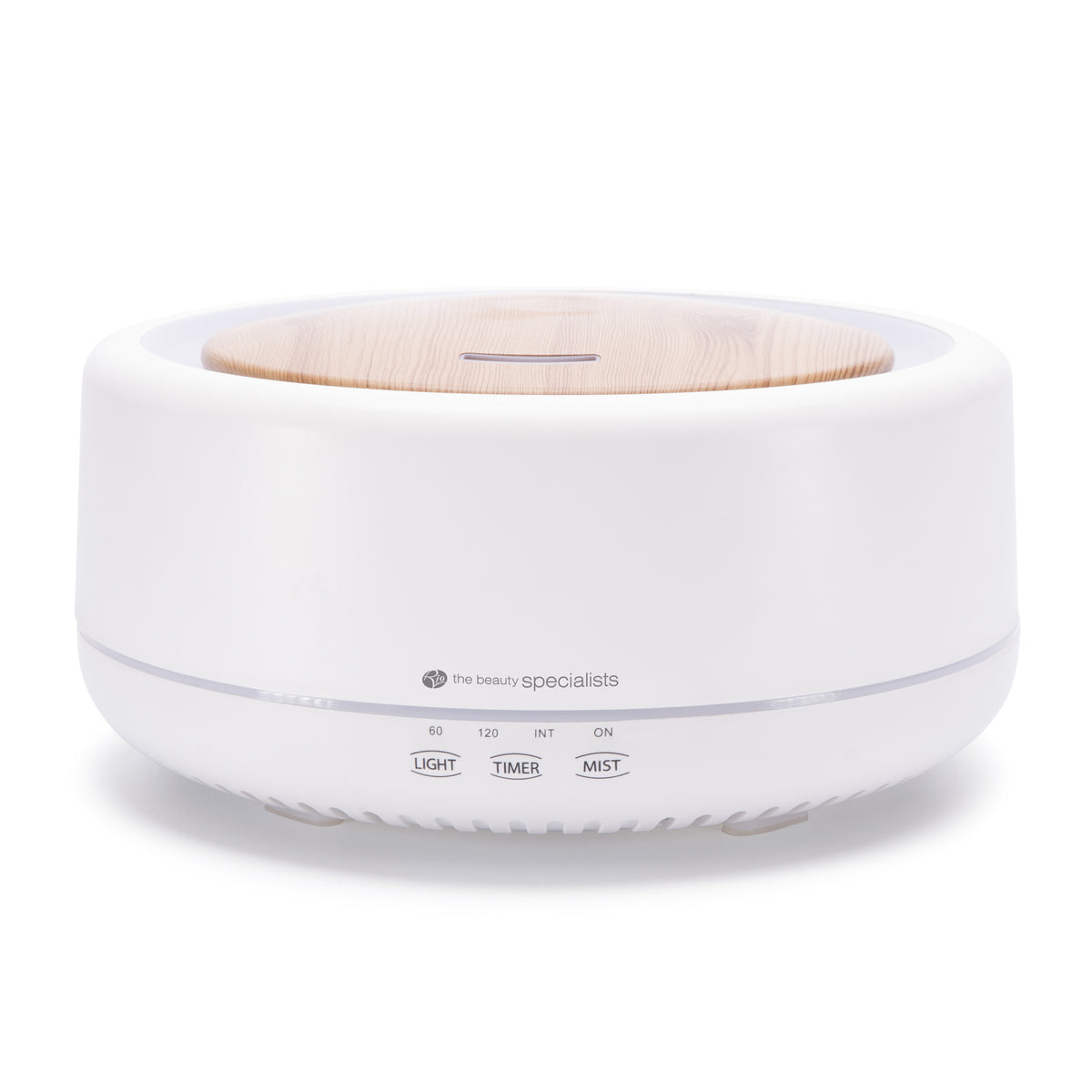 The Rio ENYA Aroma Diffuser, Humidifier & Night Light features a white, round design with a wood-patterned top, buttons for Light, Timer (60/120/intermittent), and Mist, creating a relaxing atmosphere in your space.